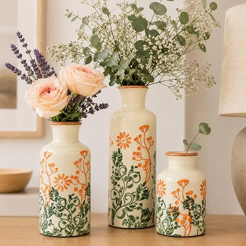 TBWIND Ceramic Vases Set of 3, Hand-Painted Vintage Rustic Flower Vases | Farmhouse Chinoiserie Decorative Vases for Home Decor Table Bookshelf Mantel Entryway Kitchen Living Room Bedroom