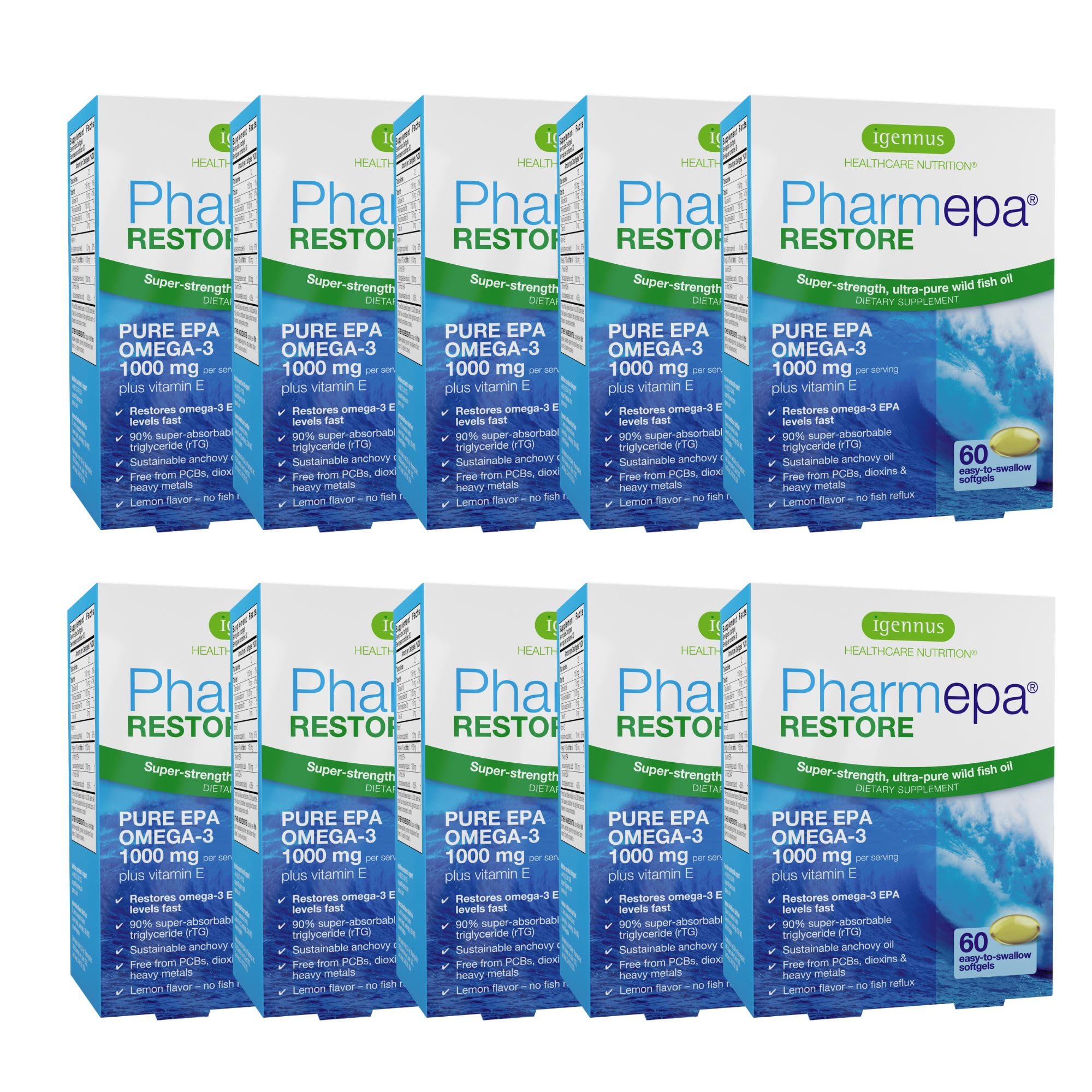 Igennus Pharmepa Restore, Pure EPA 1000mg, IFOS Certified, 90% High Concentration, rTG Omega-3 for High Absorption, Triple Strength 10-Month Supply, Pack of 10 60 Count (Pack of 10)