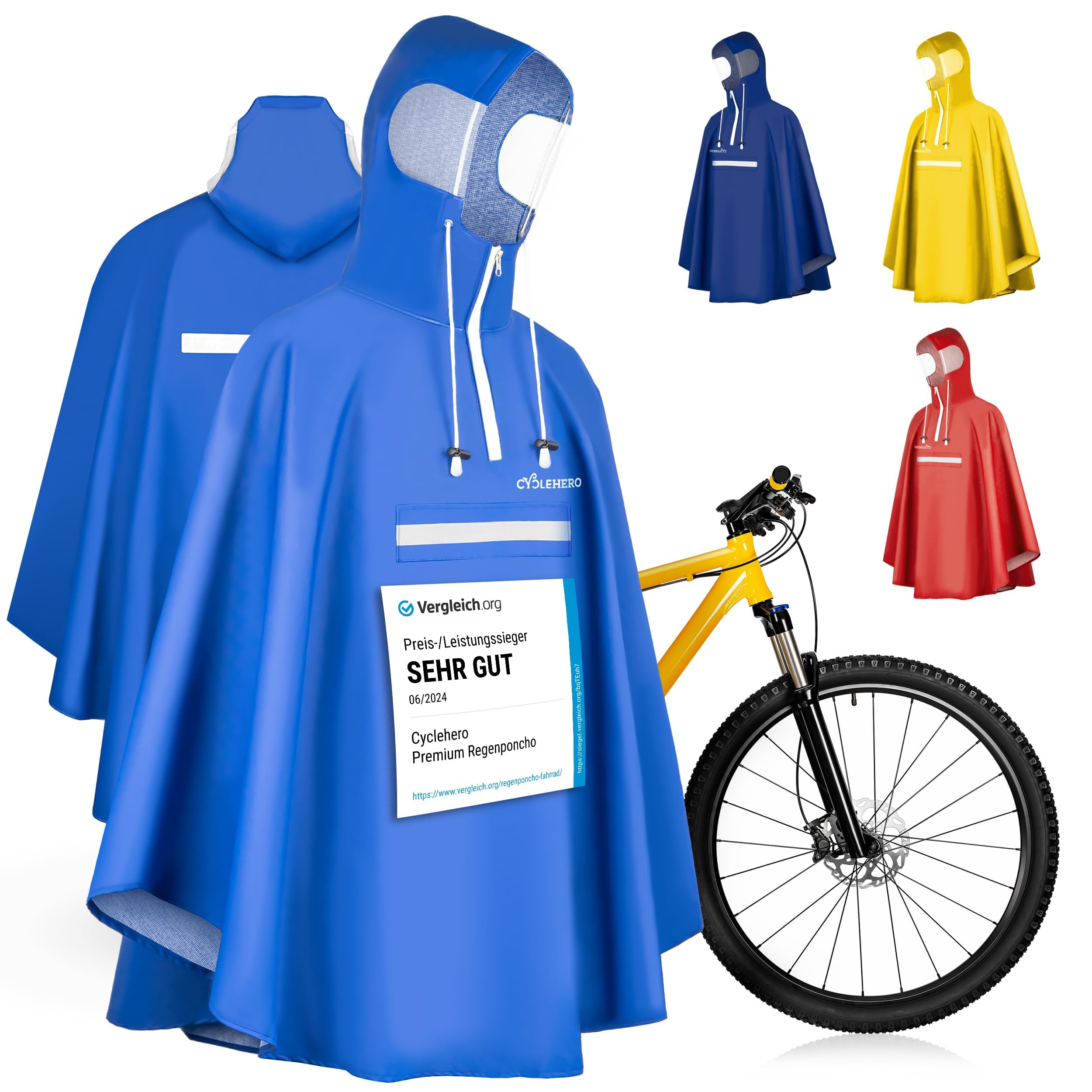 CYCLEHERO Regenponcho Fahrrad extra wasserdicht und robust - TEST SEHR GUT - Premium Regencape Fahrrad mit Reflektoren, Sichtfenster - Regenbekleidung als Regenponcho Herren und Damen - Regenjacke