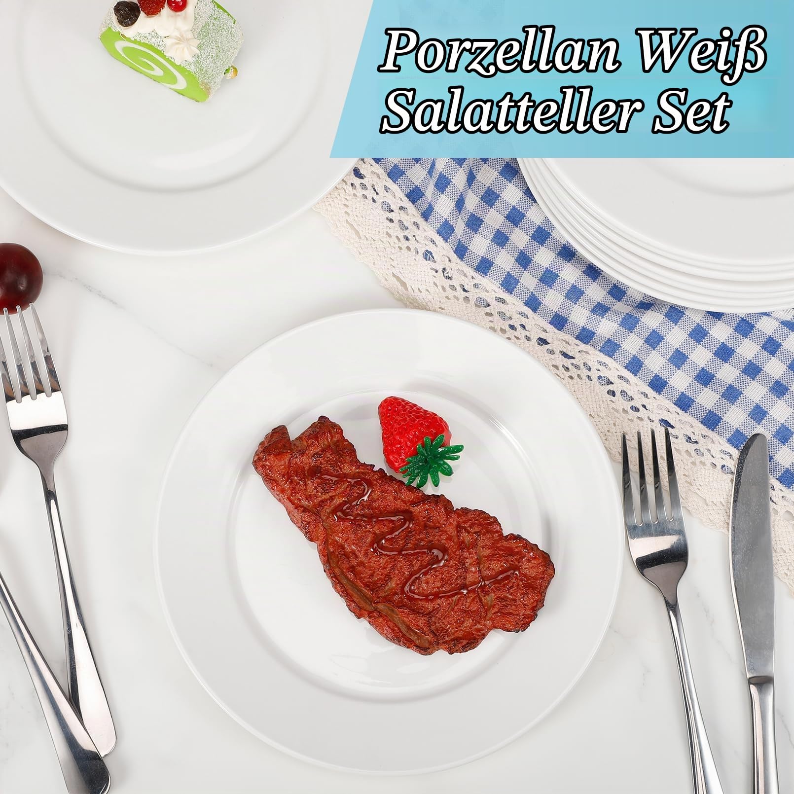 12 Stück Dessertteller, Keramik Teller Set, 20,5 Cm, Weiß, Rund