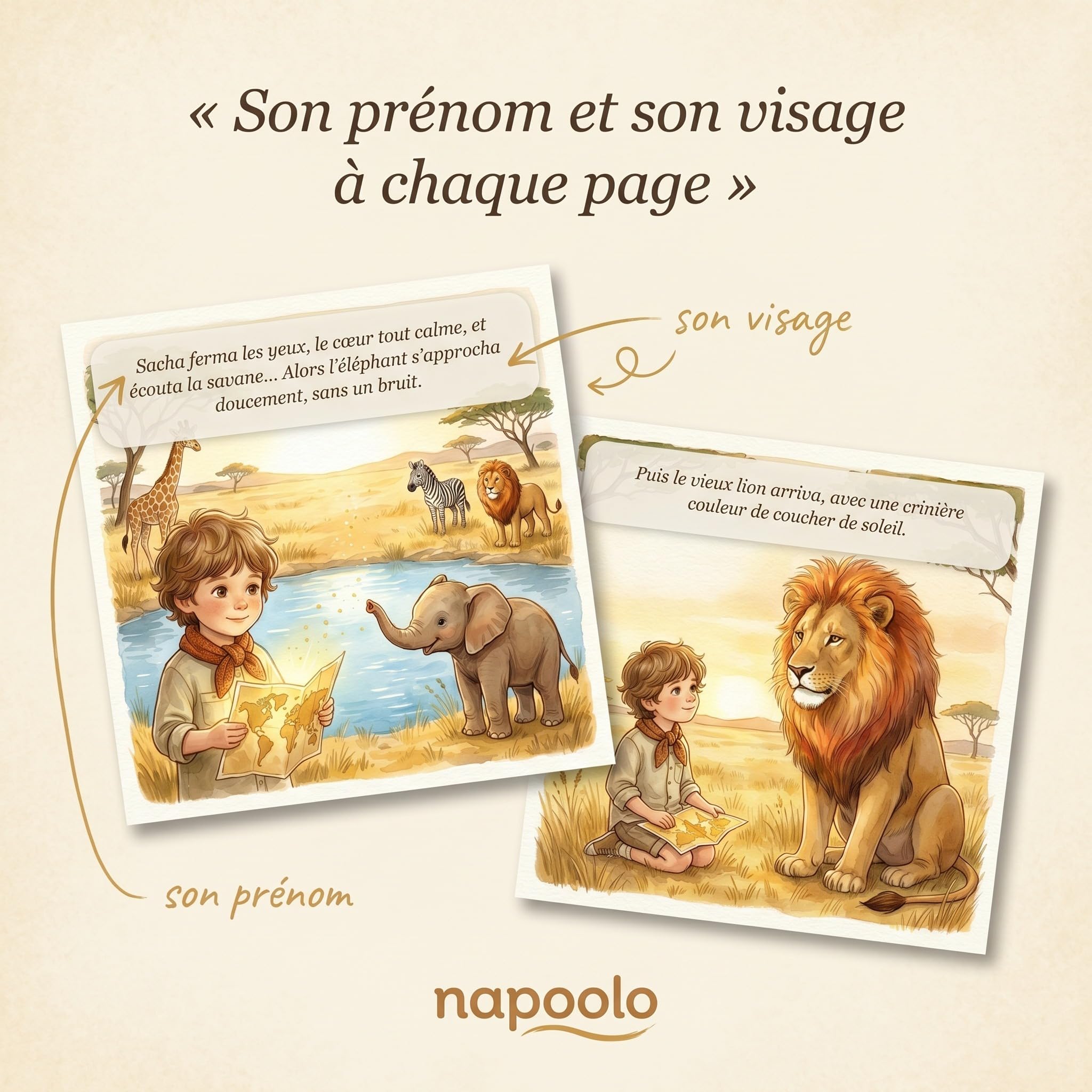 Livre personnalisé enfant safari photo et prénom - Idée cadeau | Aventure douce dans la savane, son animal préféré et sa dédicace, 32 pages aquarelle, carré 21,6 cm, dès 2 ans