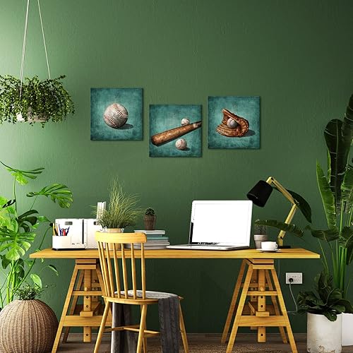 Miniatura 3 de Artsbay Lienzo de béisbol impreso para pared, juego de 3 decoraciones de pared deportivas, arte moderno estirado y enmarcado para hombres, niños,