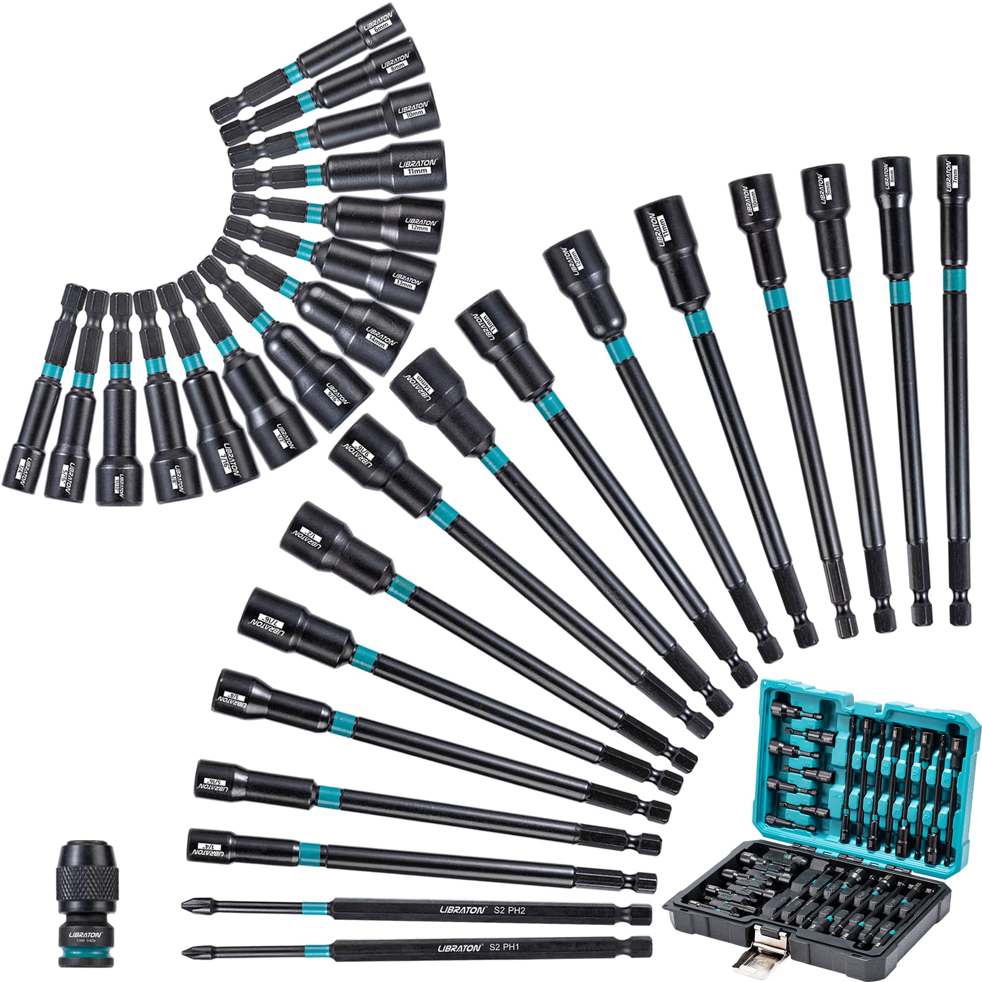 LIBRATON Set di 31 Giradadi Magnetici, Punte Avvitatore a Percussione 1/4", Giraviti Dadi 6", Giradadi Metrici e SAE per Trapano, Bussole, Adattatore da Quadrello a Esagonale, PH1, PH2, Magazzinaggio