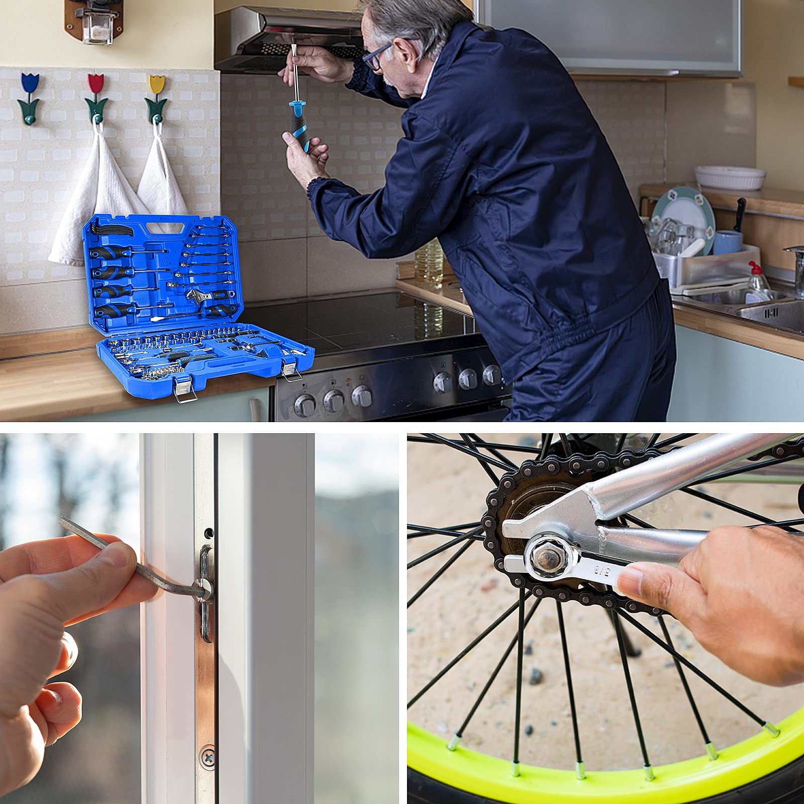 Set di Utensili per la Casa, Cassetta Attrezzi, Chiavi Combinate Punte per Cacciaviti Bussole, Set di Attrezzi per la Riparazione auto, Garage, Casa, Ufficio, Posto di lavoro e Officine