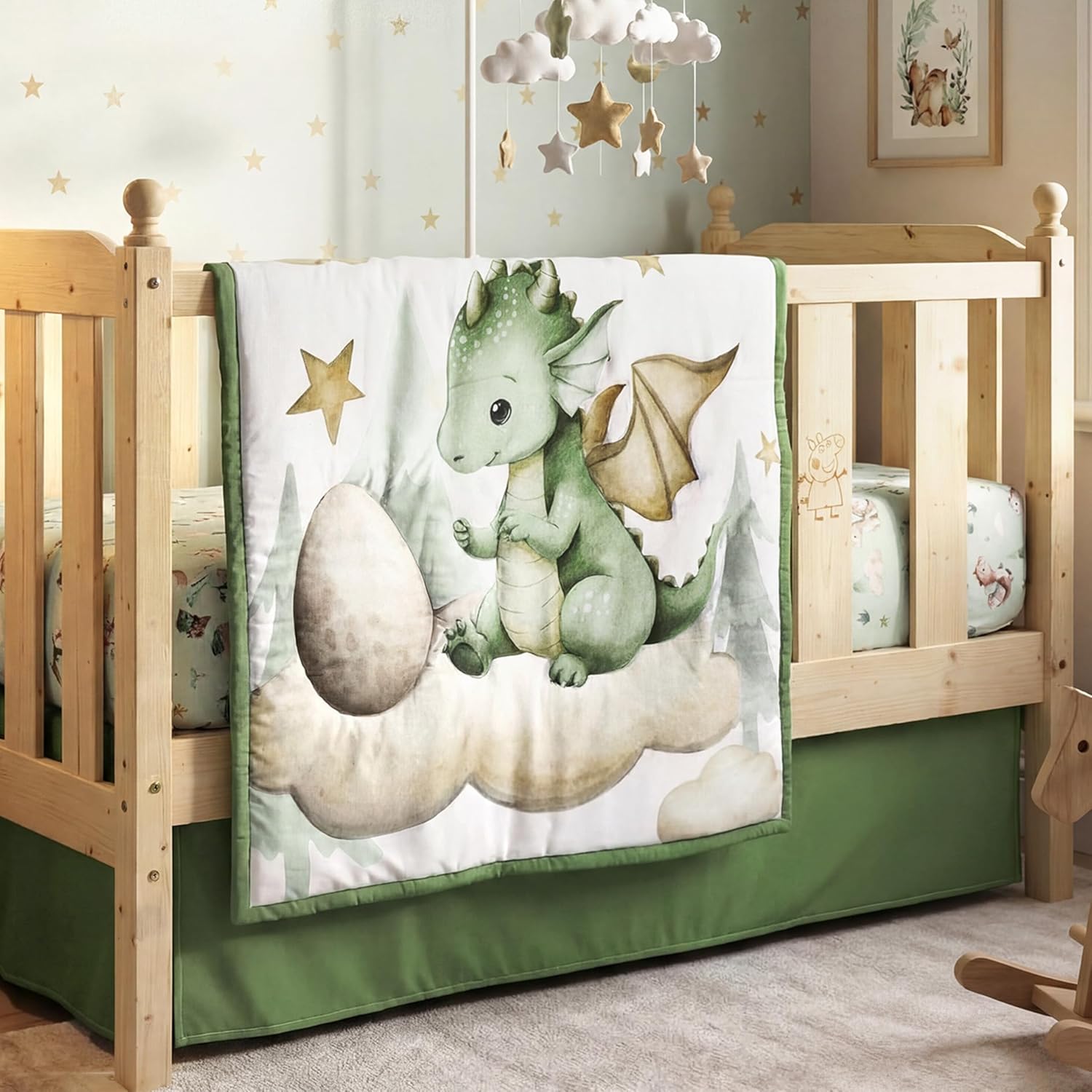 Peryiter 3 Pcs Watercolor Dragon Crib Sheet Set Baby Crib Bedding Set Includes 52"x28" Fitted Sheet, Quilt, Bed Skirt for Newborn Boy Girl Cute Nursery Newborn Sheets Decor