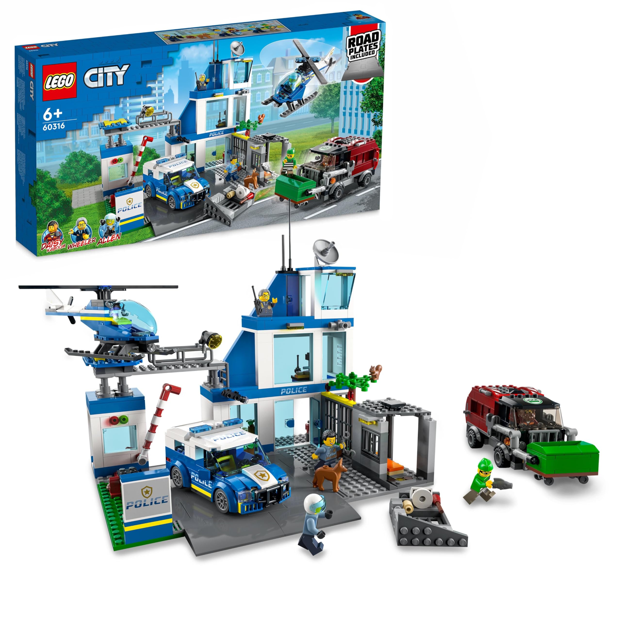 City Police Station Building Kit for Kids aged 6+, with a Helicopter, Patrol Vehicle and Customized Bin Lorry, Plus 5 Minifigures, Including 3 LEGO City TV Characters, and a Dog Figure 60316