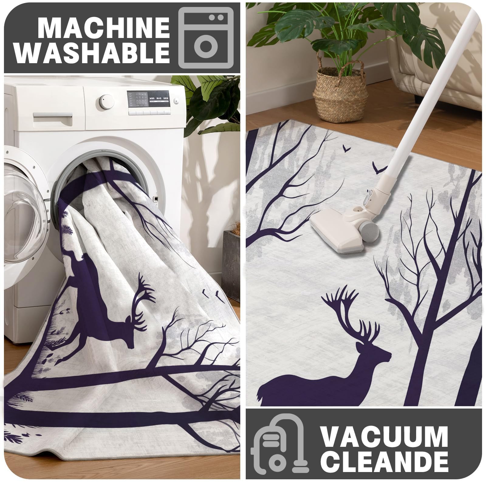Navidad Antideslizante Felpudo, 90 x 150 cm Alfombra Entrada, Alfombras de Decoración de Resumen Bosque, Sencillo Reno Silueta Welcome Tapete de Puerta para Salón Baño Cocina, Blanco