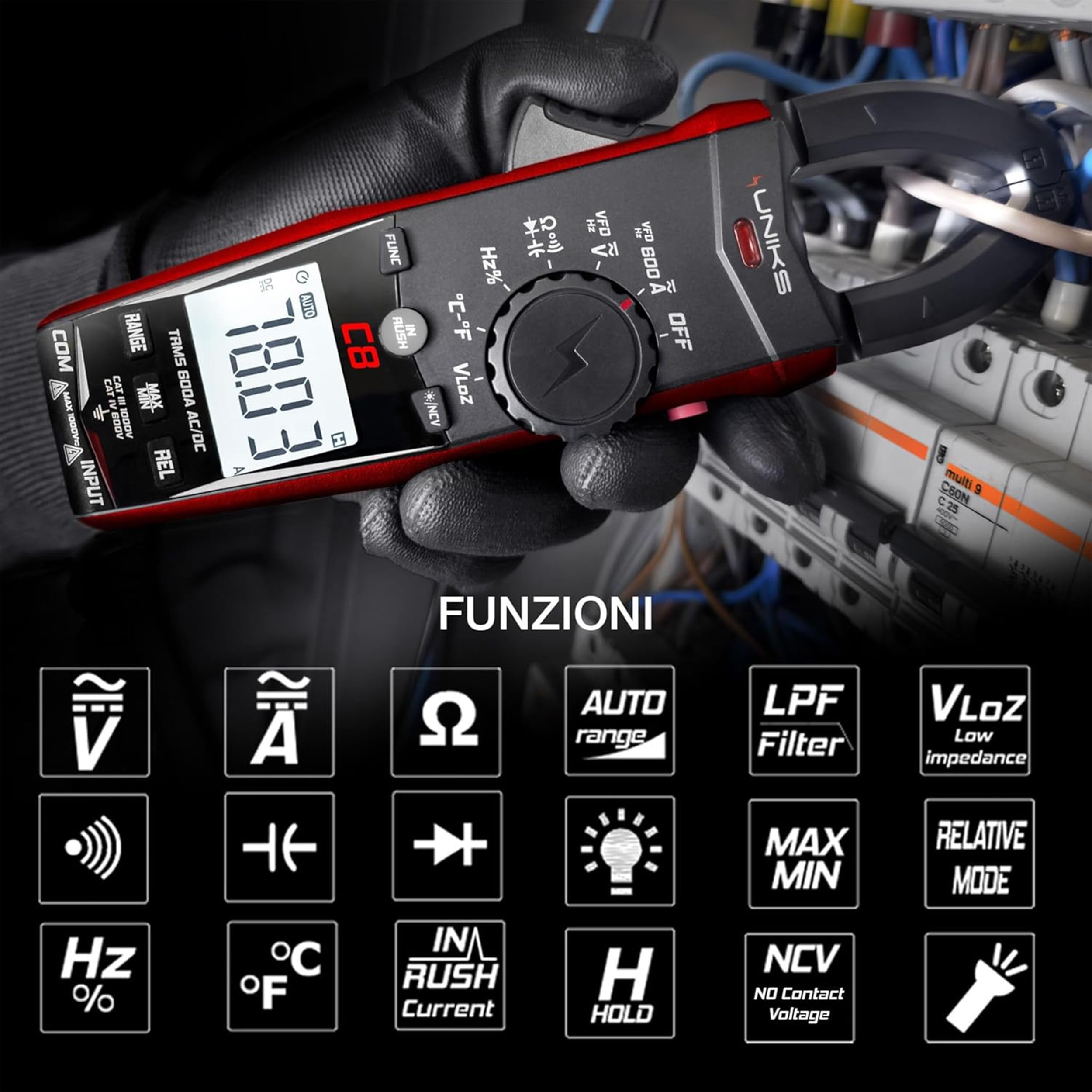 UNIKS - Pinza Amperometrica TRMS Digitale C8 - Tester Digitale Professionale 600A - Misuratore Corrente AC-DC Display LCD e Luce LED - Amperometro Ideale per Fotovoltaico
