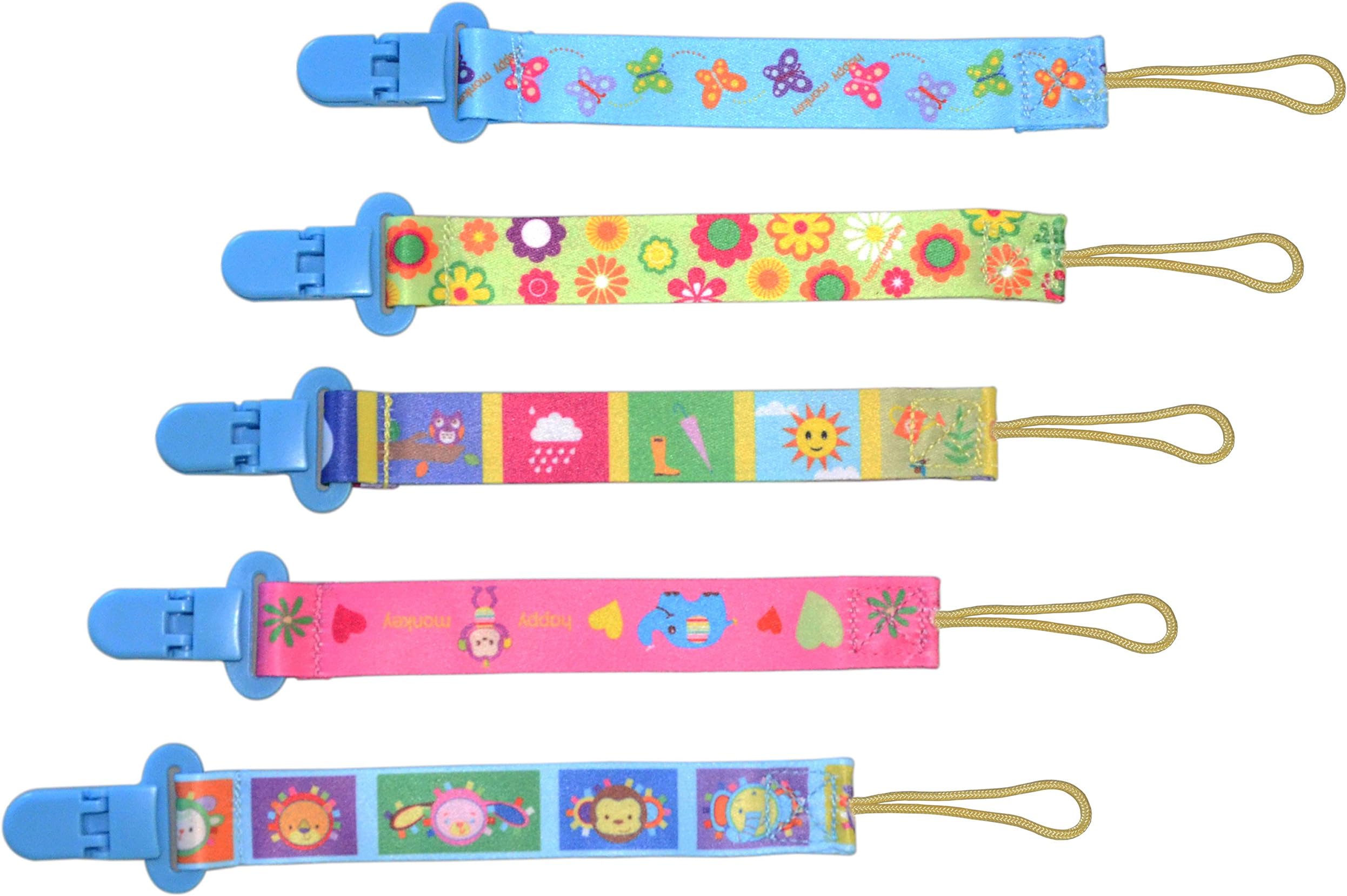 JZF Dummy Clips 5 Pack Unique 2 Sided Design Pacifier Holder Unisex Stylish Designs with Plastic Clip Washable