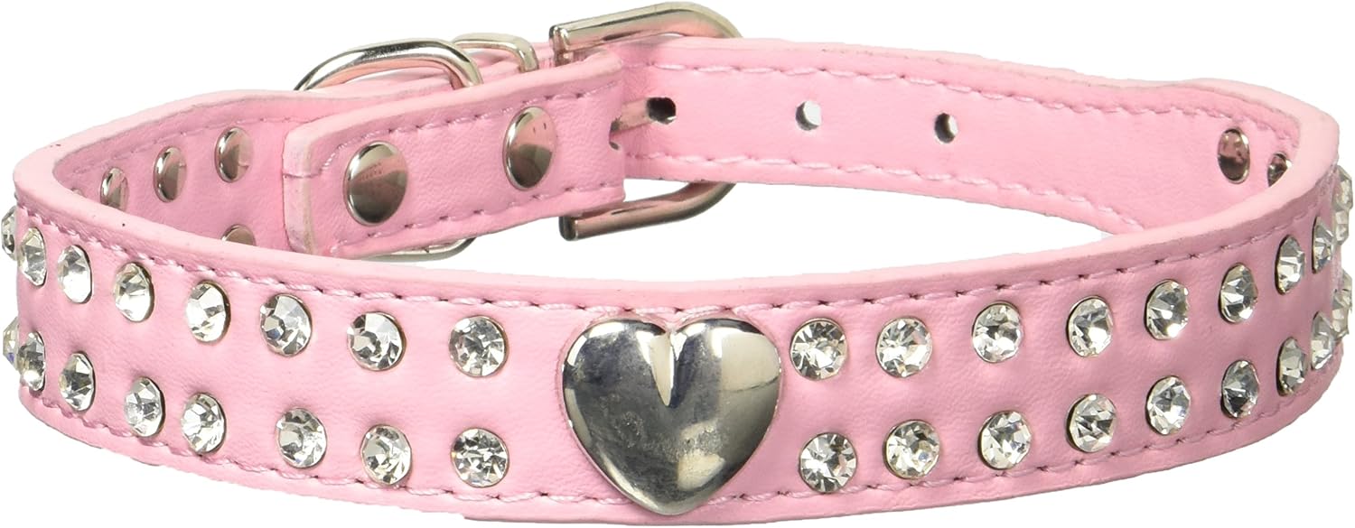 Namsan Leather Puppy Dog Pet Doggie Cats Collars Necklaces with Lovely Heart Charm Bling Crystal (Black,Blue,Pink,red,Rose) -Small-Pink