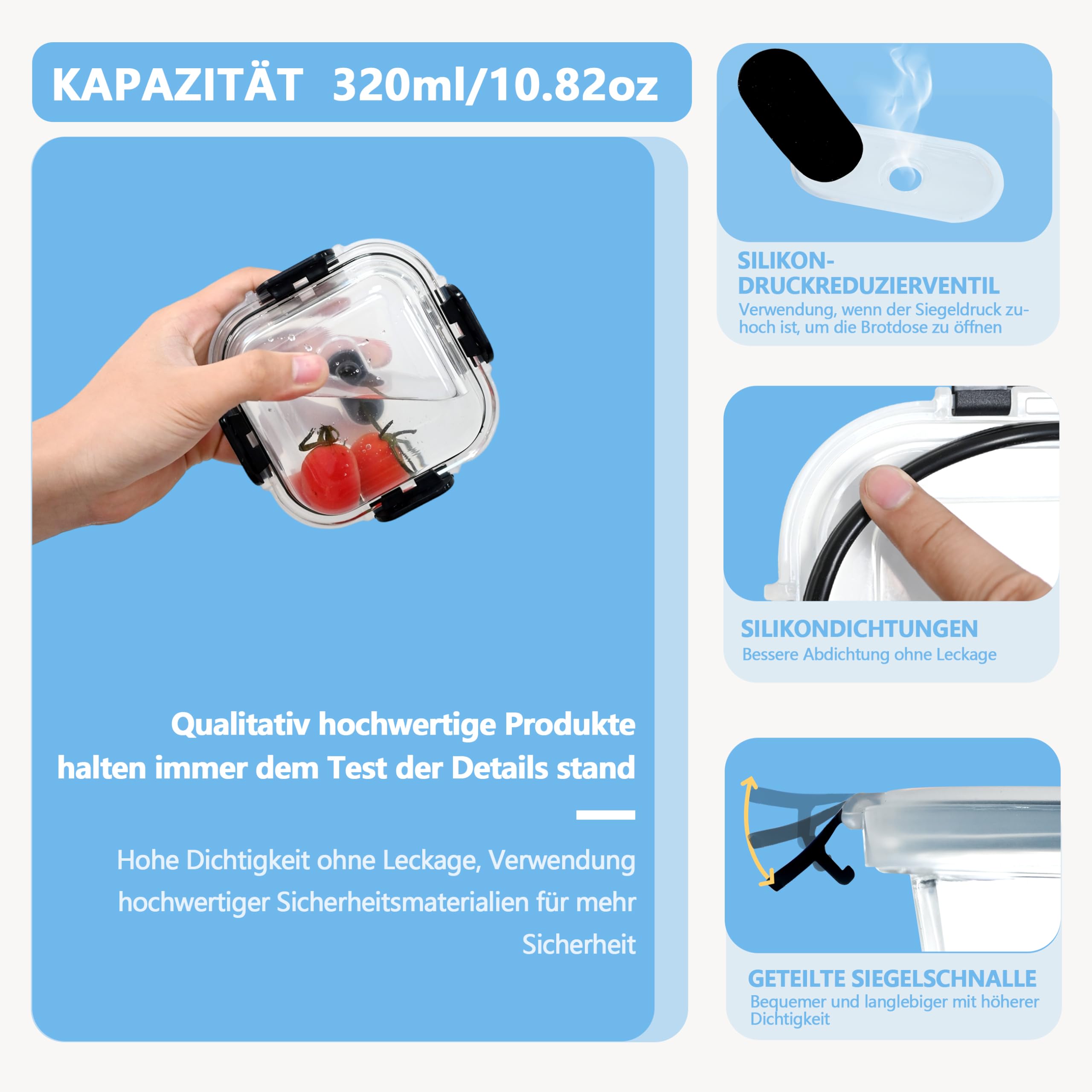 ERUIV Pojemniki na żywność z pokrywką, 12 pojemników na żywność, szklane z pokrywką, pojemniki na żywność, 320 ml, łatwe do przenoszenia, szklane pojemniki utrzymujące świeżość z pokrywką, nie