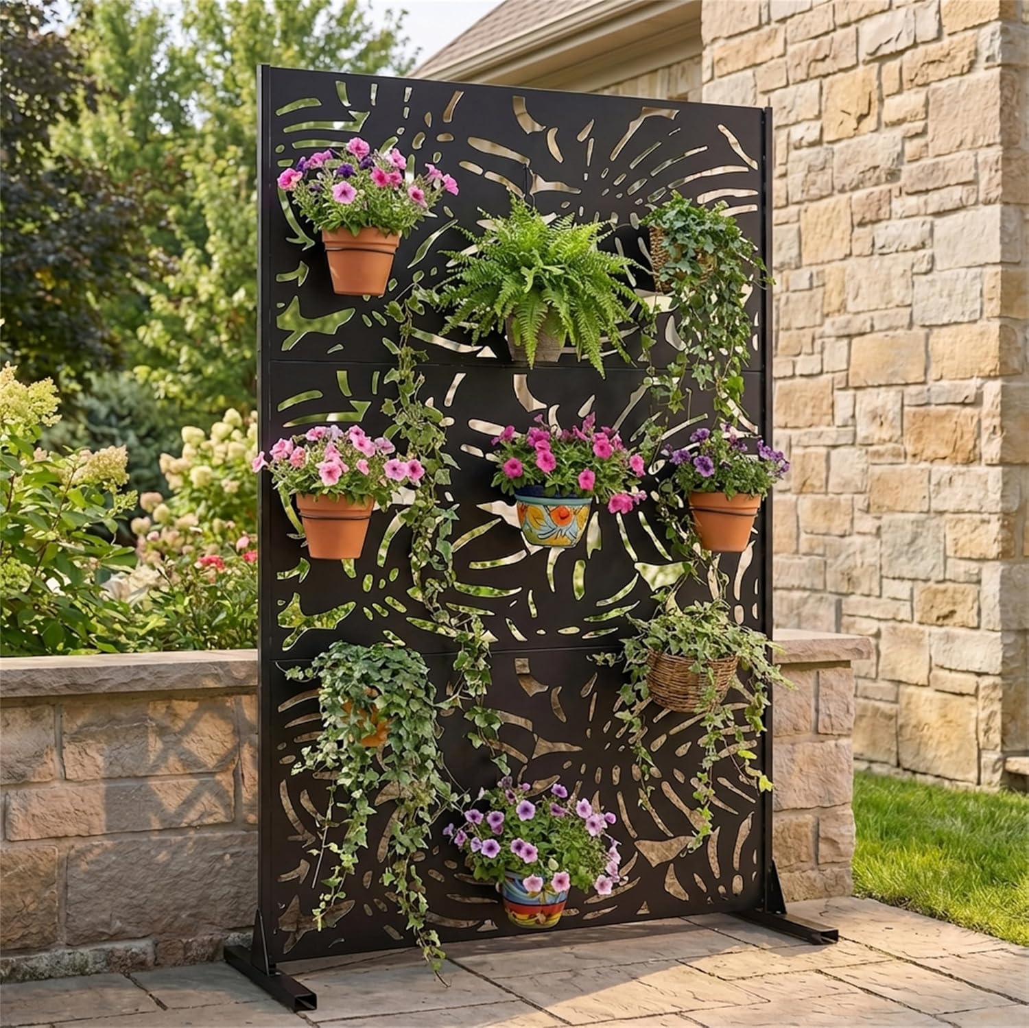 Metal Privacy Screen Freestanding Room Divider, Tropical Leaf Laser-Cut Metal Panel, Decorative Partition for Patio, Balcony & Garden, Sturdy Screen Panel with Base Plates