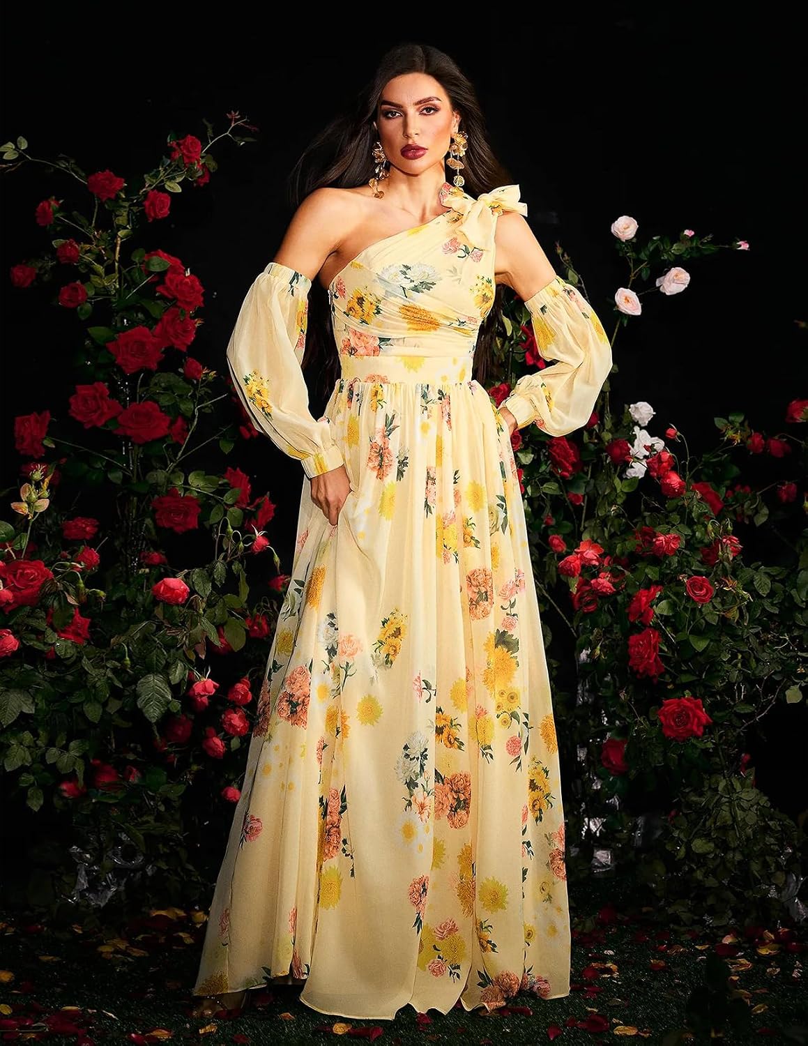 BELLA BARNETT Printed Floral Dress Yellow Mesh Dress One Shoulder Elegant Dress