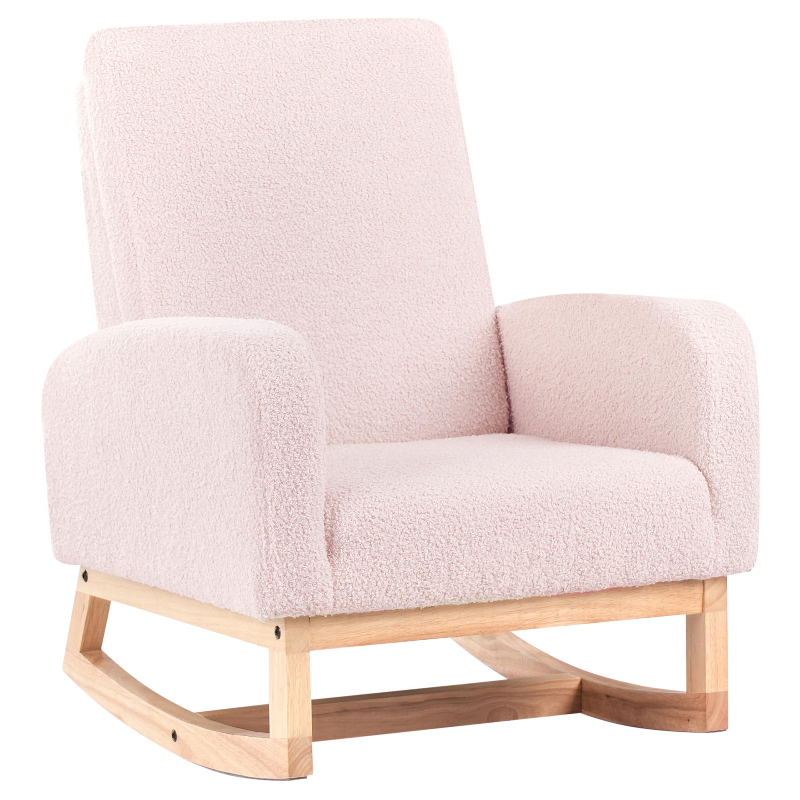 Fauteuil à Bascule pour Enfants en Bouclé Pieds en Bois Rose Pastel Norby