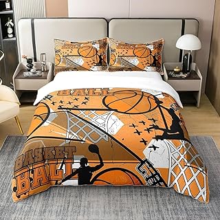 jejeloiu Basketball Print Sports Theme Bedding 100% Cotton Set 3D Ball Games Duvet Cover 100% Cotton for Boys Girls Children Teens Bedroom Decor Yellow Basketball Player Duvet Set Twin Size Zipper