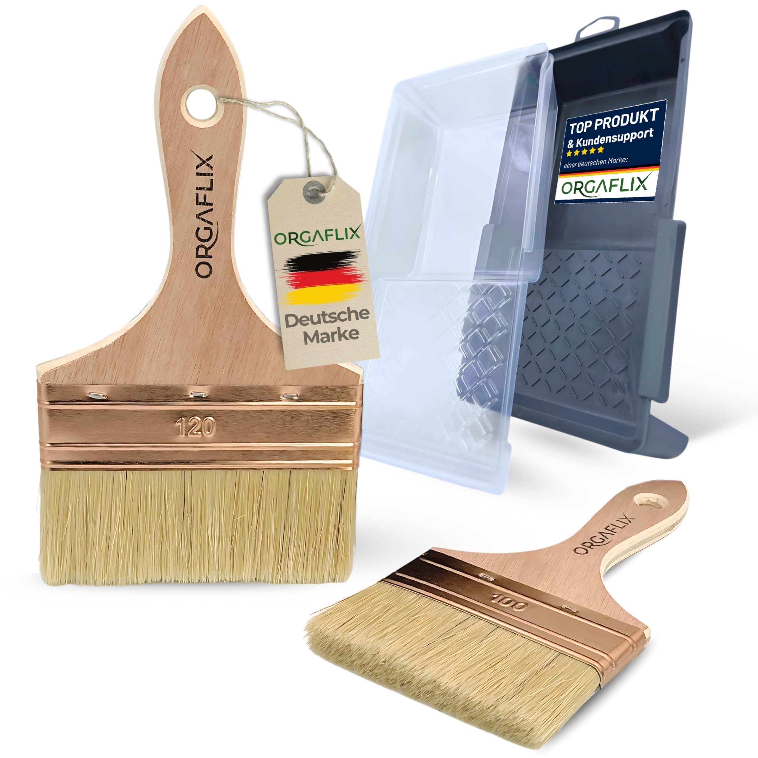 ORGAFLIX 120mm + 100mm Paint Set with Paint Tray 15 x 30 cm + 2 Inserts for Oil, Varnish, Stain, Stain, Acrylic, Chalk Paint, Furniture, Broad Brush, Paint Brush