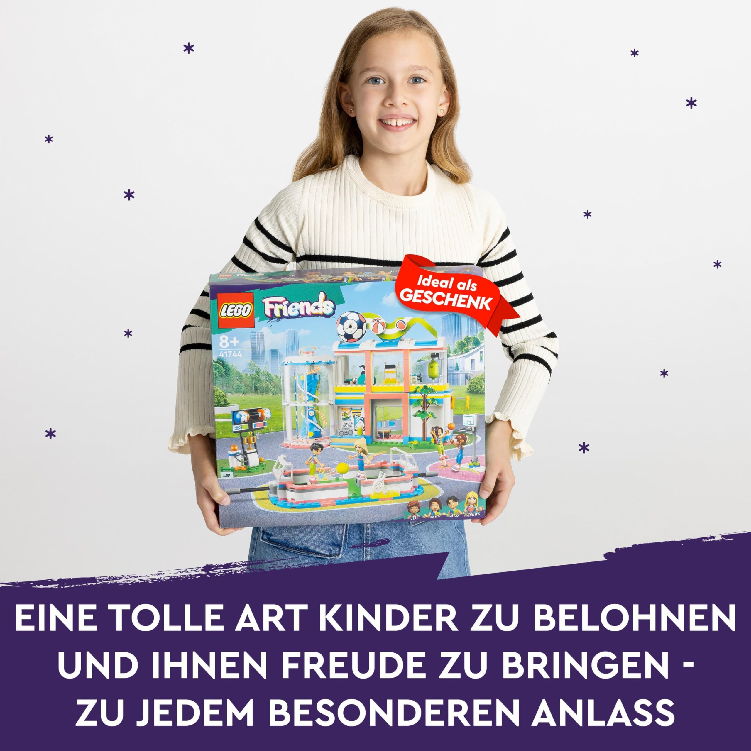 LEGO Friends Sportzentrum BAU-Spielzeug mit Fußball-, Basketball- und Tennis-Spielen sowie Kletterwand und 4 Mini-Puppen, Heartlake City Geschenk für Kinder ab 8 Jahren 41744