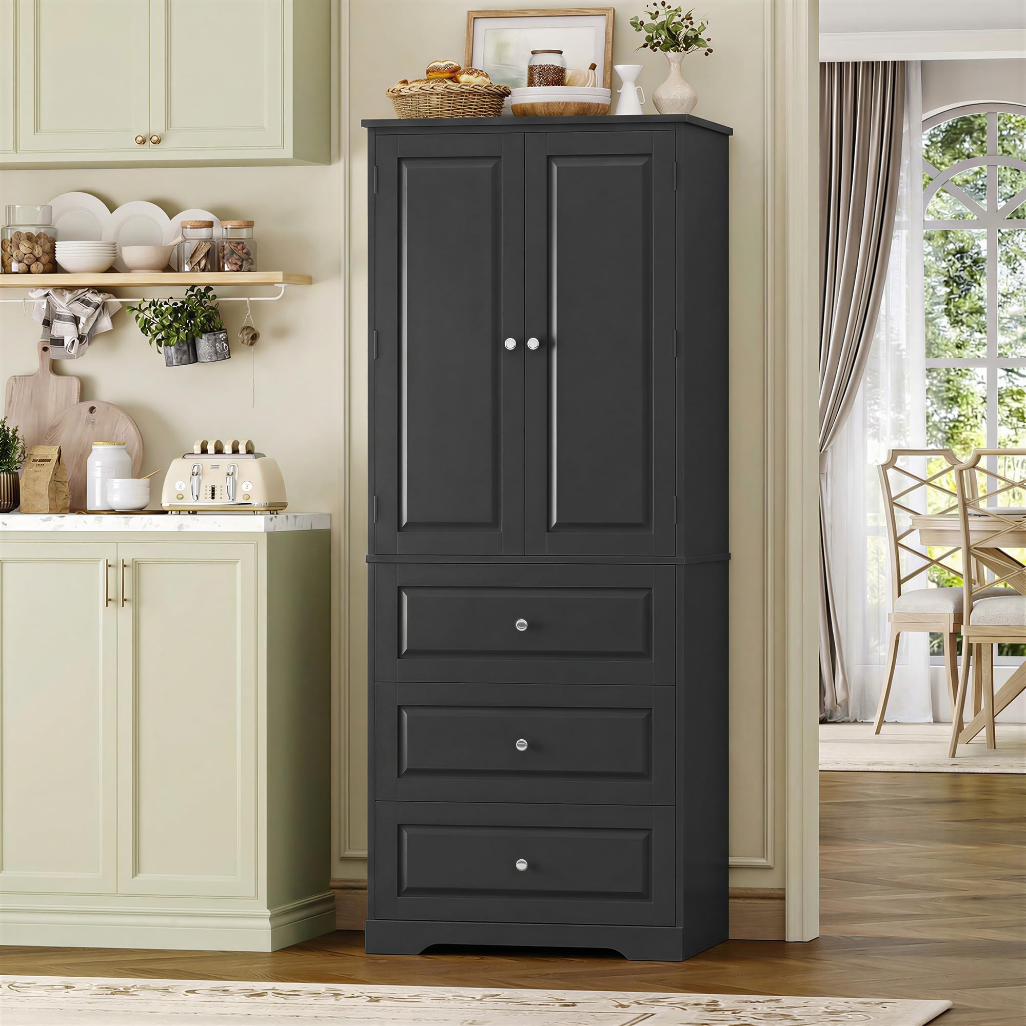 FOREHILL 150cm Credenza Cucina con 3 Cassetti, Dispensa Cucina con 8 Ripiani della Porta, Mobile Dispensa a 2 Ripiani Regolabili, per Sala da Pranzo, Soggiorno, 60x40x150 cm (Nero)