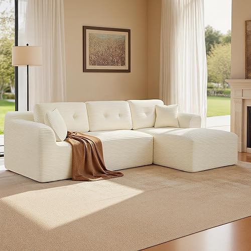 VASAGLE 108.3 Inches Boneless Couch with Chaise, Modular Sectional Sofa, Modern Cloud Couch with Deep Seat, L-Shape Corduroy Sofa for Living Room, Right-Facing Chaise, Bedroom, Cream White ULCS182WD01