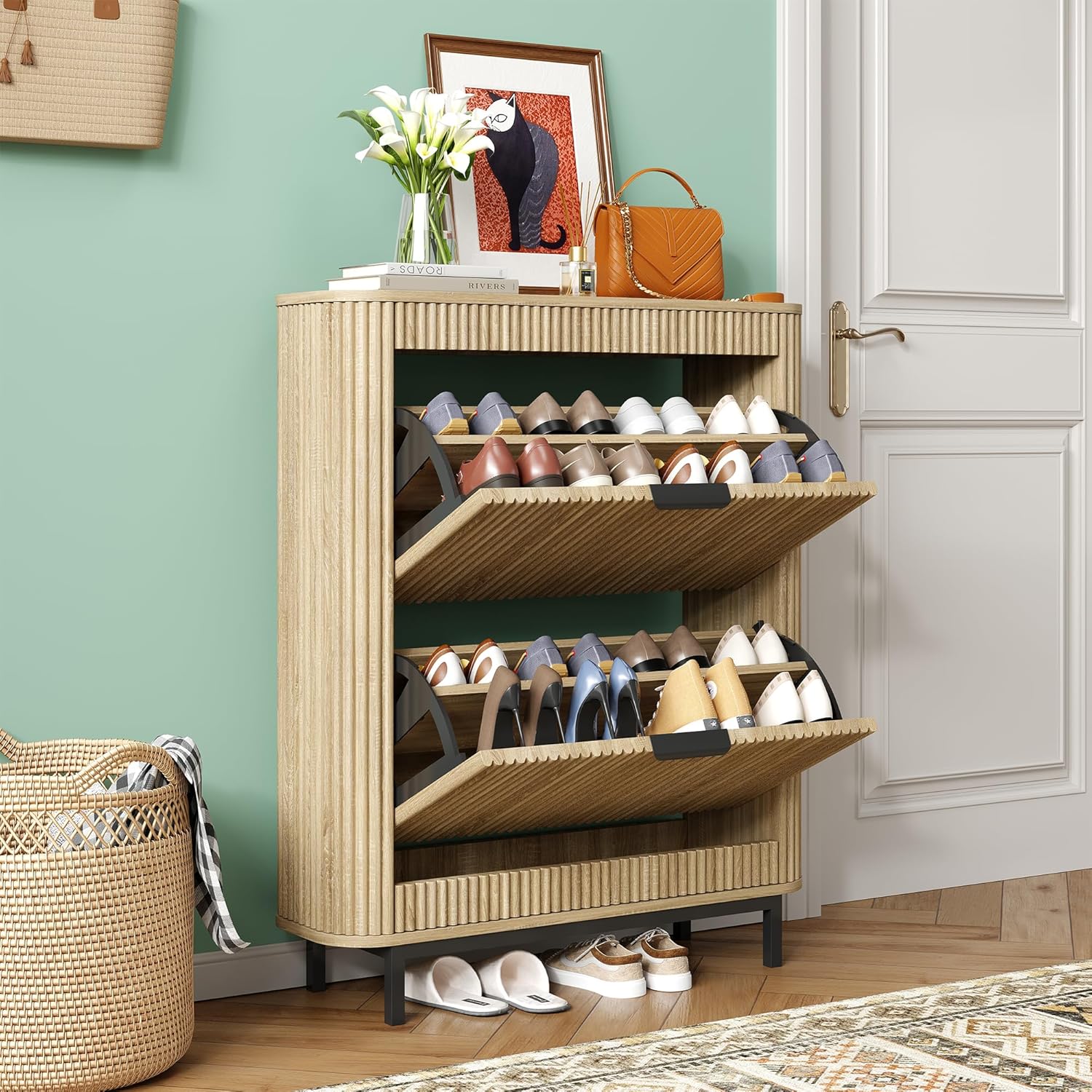Shoe Cabinet with Fluted Panel and Metal Legs, Arc Narrow Wood Shoe Storage Cabinet with 2 Flip Drawers, Freestanding Wood Hidden Shoe Rack Cabinet for Foyer, Hallway (Naturel)