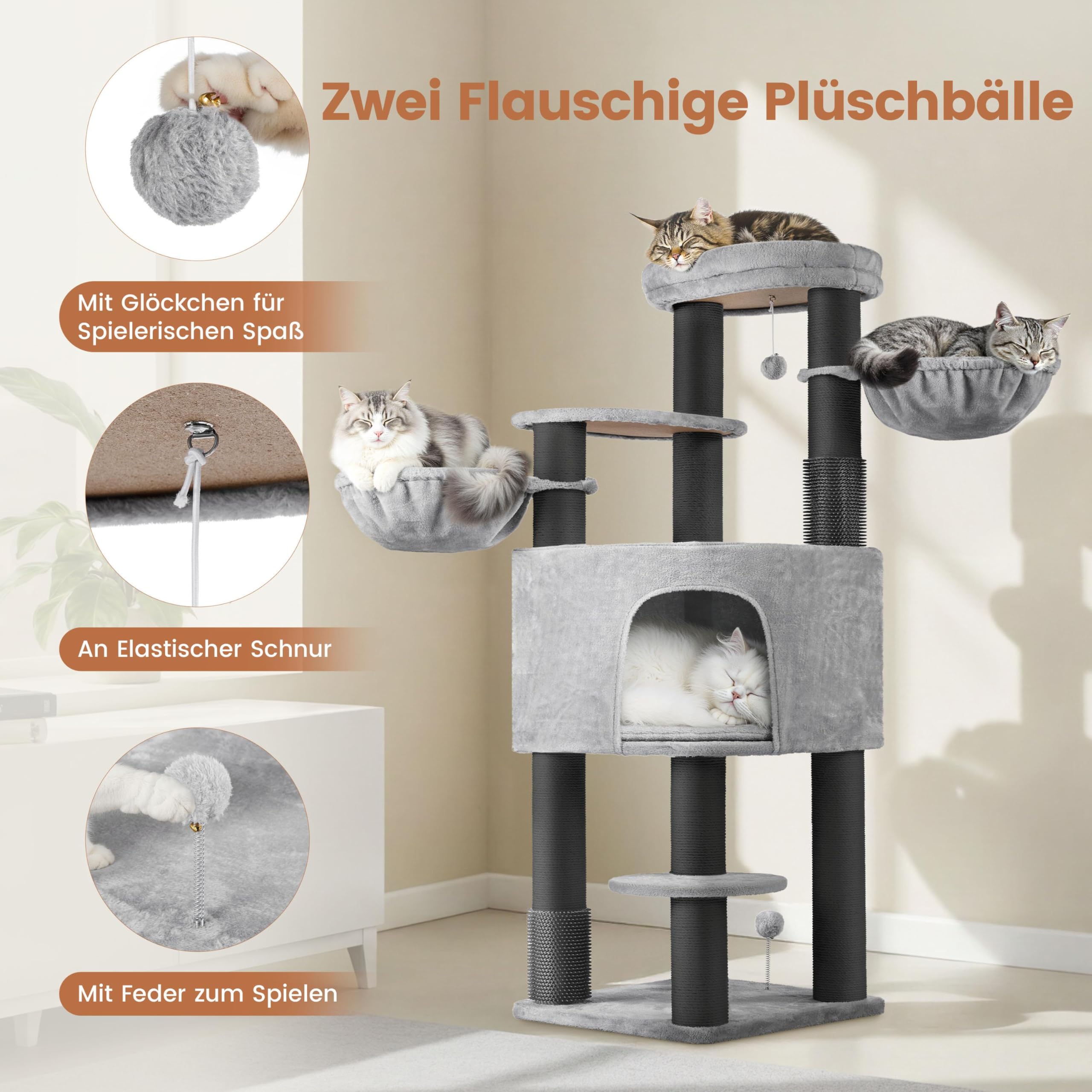 Yaheetech Kratzbaum groß Katzenbaum 11cm Dicke Kratzsäulen hellgrau schwarz | FSC-zertifizierte Spanplatten | Stabil für Mehrkatzenhaushalte | mit Kippsicherung | Sicher&Unerschütterlich | 20kg belastbar