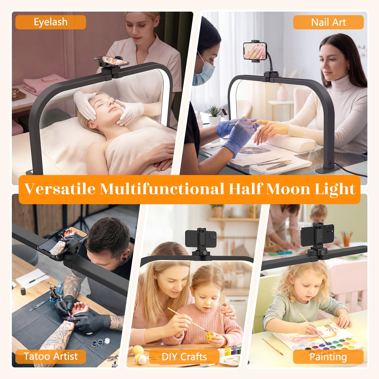 Lampara Media Luna Manicura: 29in Lampara Manicura para Principiantes - 3 Modos de Color y 10 Niveles de Brillo Ajustables Lampara Arco LED Mesa para Cosméticos Lectura - Negro