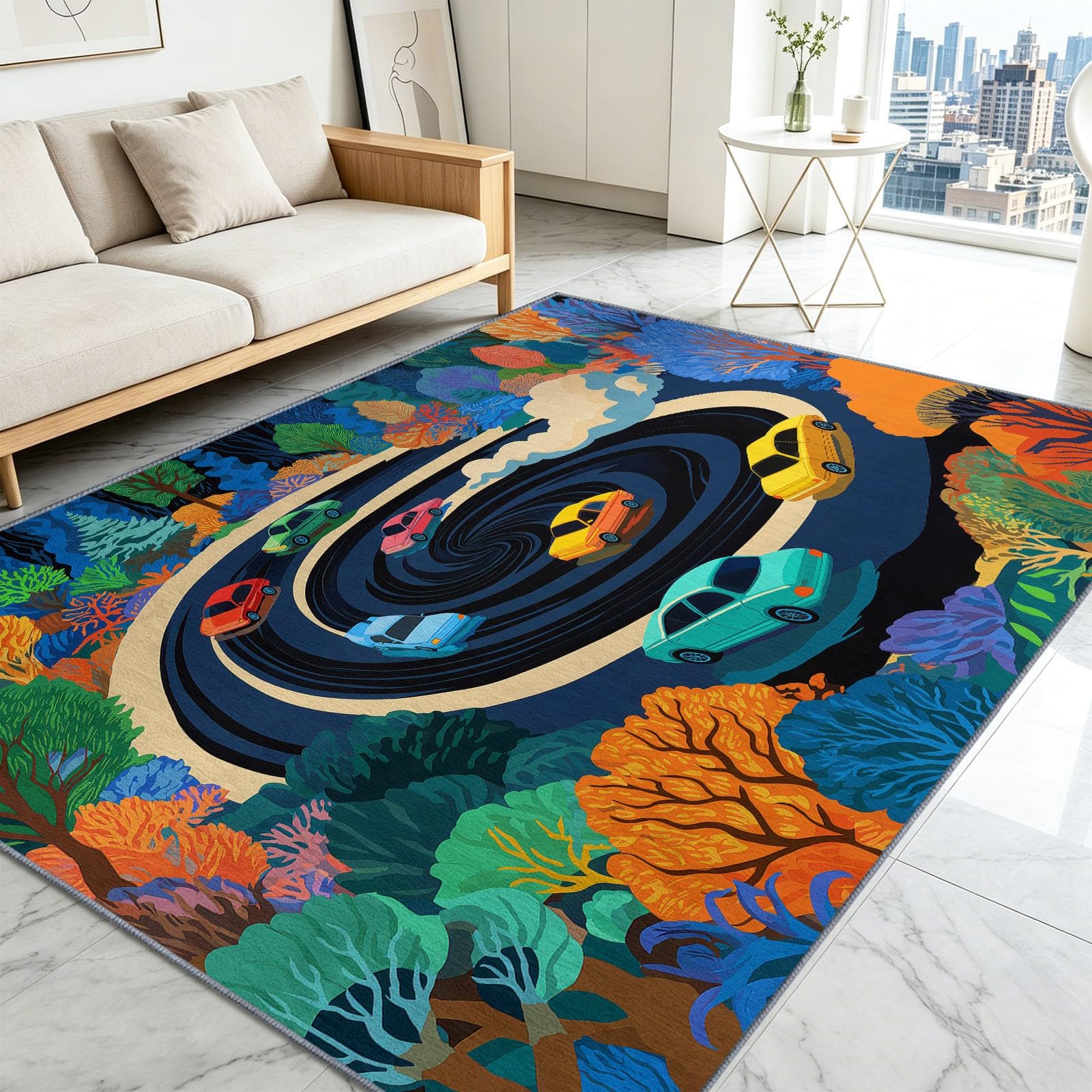Fun - Alfombra antideslizante de dibujos animados para sala de estar, 80 x 150 cm, alfombra de suelo para coche, lavable, alfombra de pelo bajo para sala de estar, dormitorio, comedor