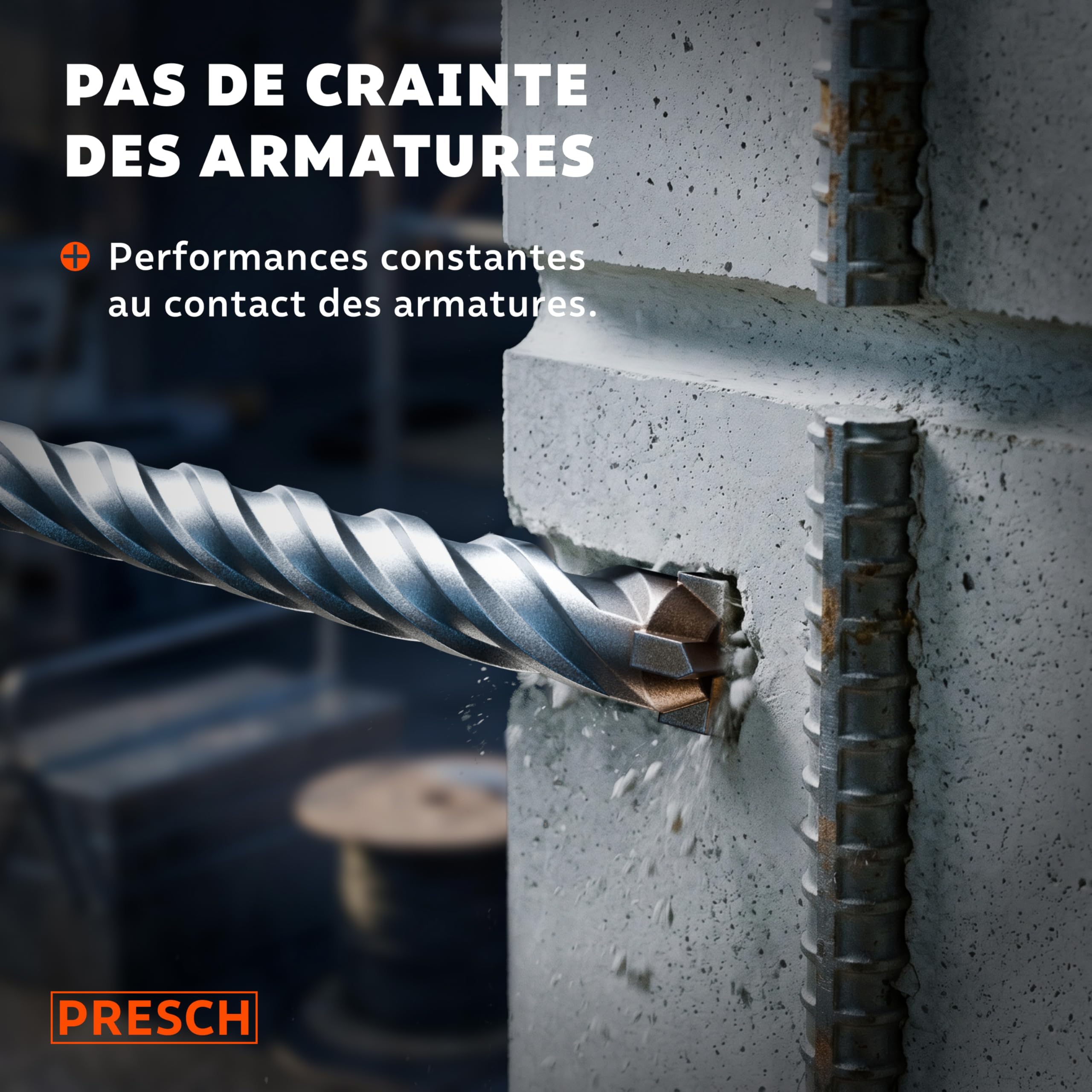 PRESCH Forets Béton SDS plus 10mm (10 pcs) – Mèche béton armé et pierre à 4 taillants carbure – Indicateur de profondeur de perçage – Foret SDS Plus robuste pour granit, brique et maçonnerie