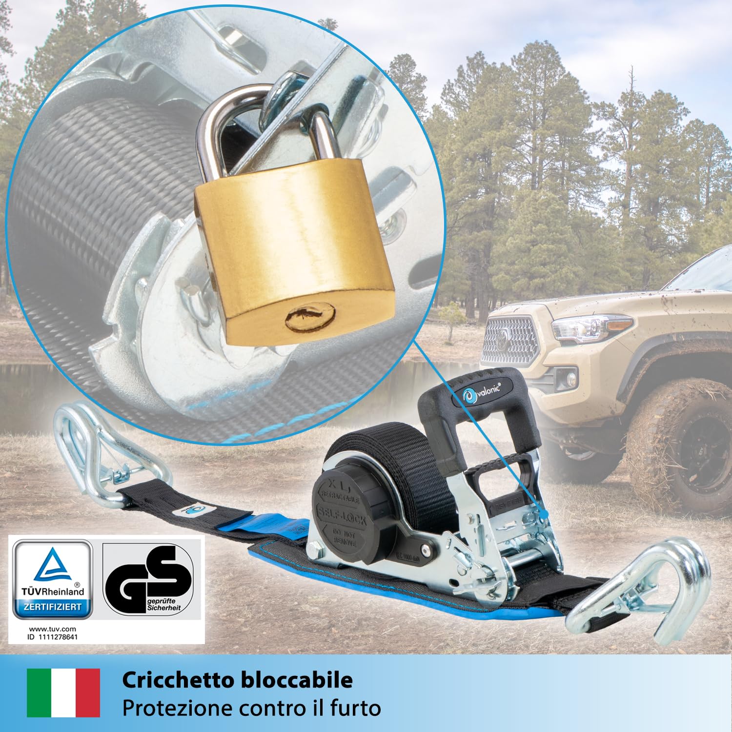 valonic GRIZZLY - 2x 5m XXL Cinghie di fissaggio automatiche con gancio a moschettone, 35mm, 800/1600 Kg, imbottite, certificate TÜV Rheinl. e GS, EN 12195-2 - con cricchetto, nero