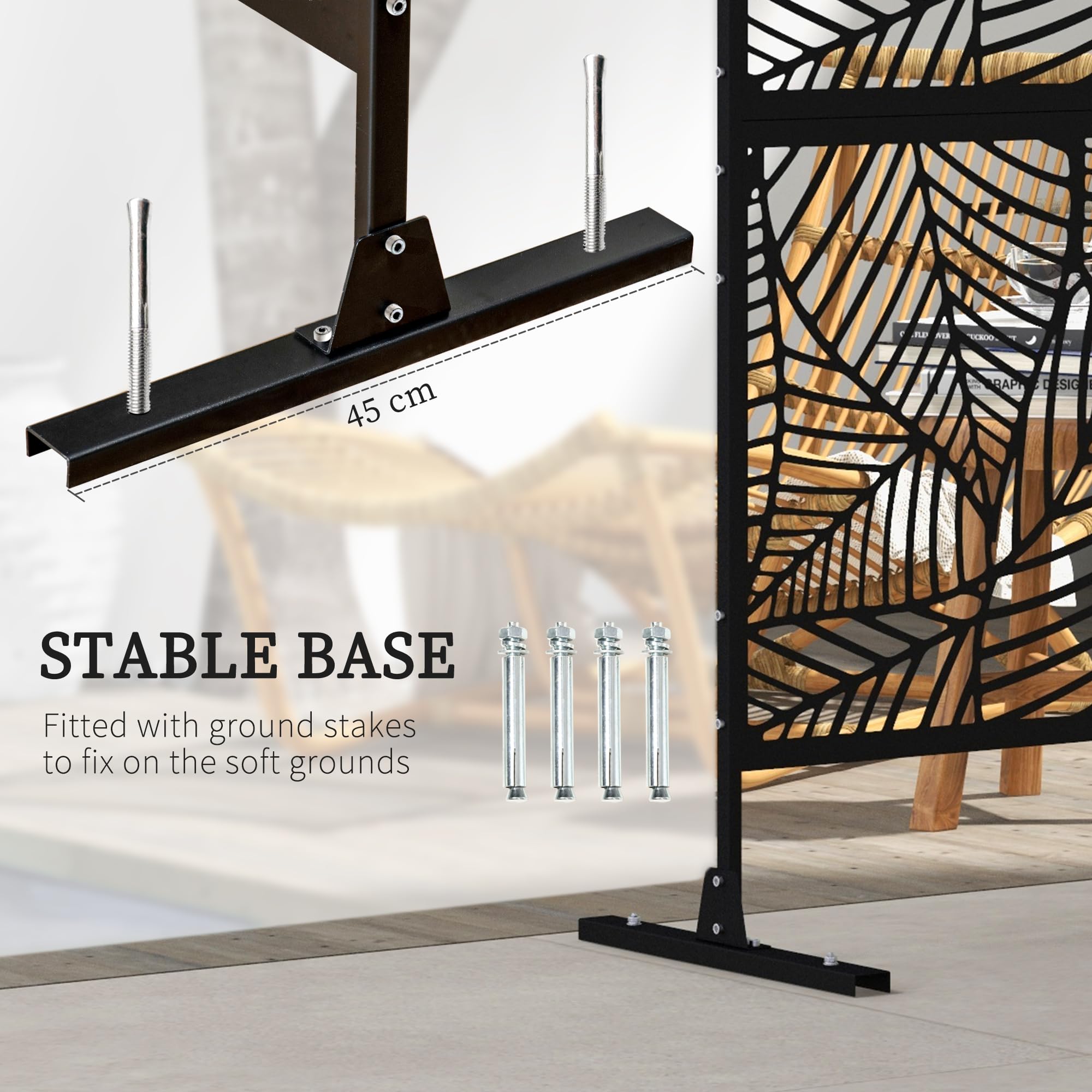 Outsunny Biombo de 3 Paneles con Soporte 122x198 cm para Exterior Negro | Con Tornillos de Expansión, Diseño de Hojas Grandes para Jardín, Patio y Terraza