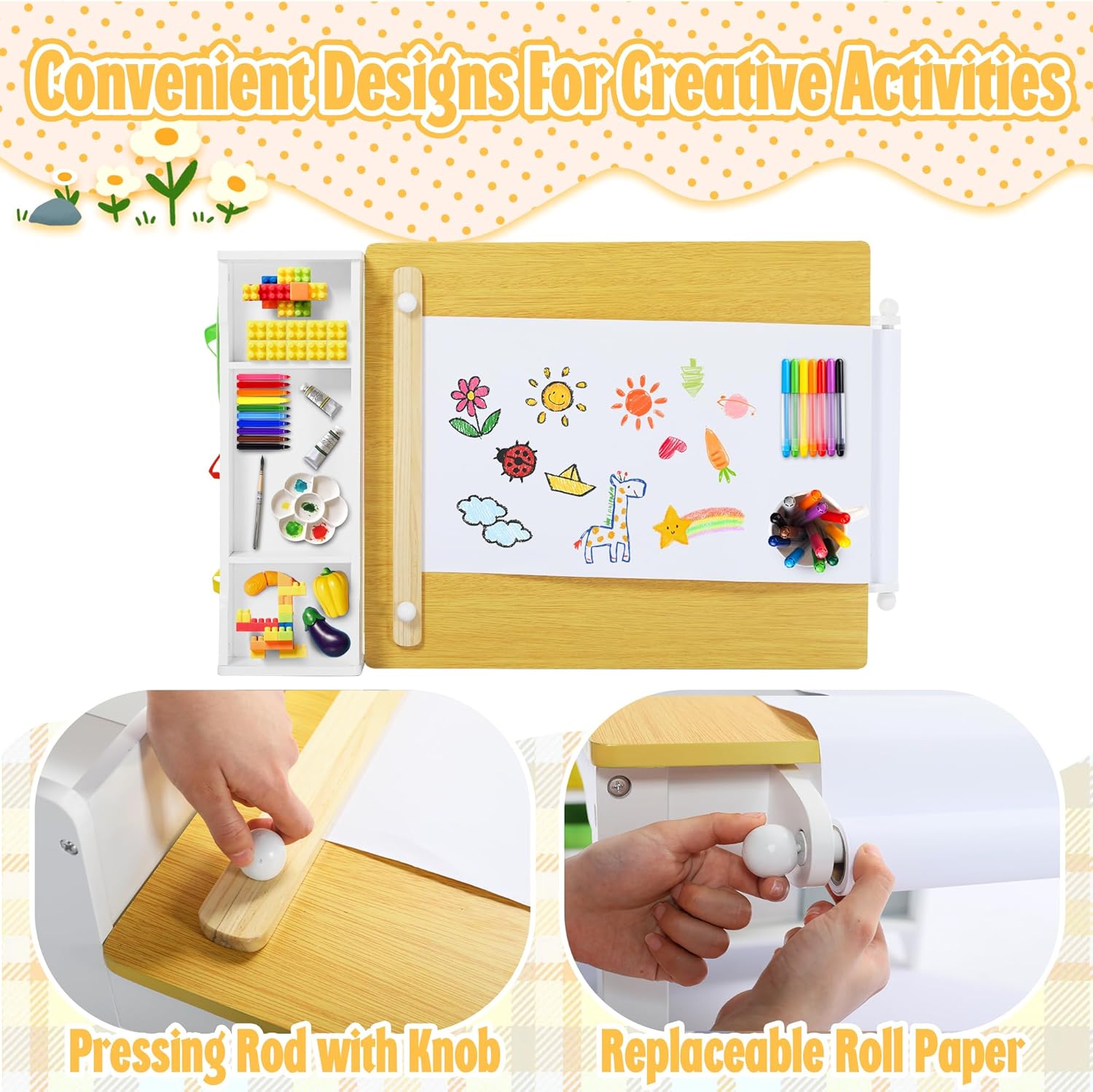 Kids Art Table & Chairs Set, Wooden Activity Table with 2 Chairs, Kids Craft Desk W/8 Storage Bins and Paper Roll, Toddler Furniture Set for Art, Crafts, Drawing, Reading, Natural