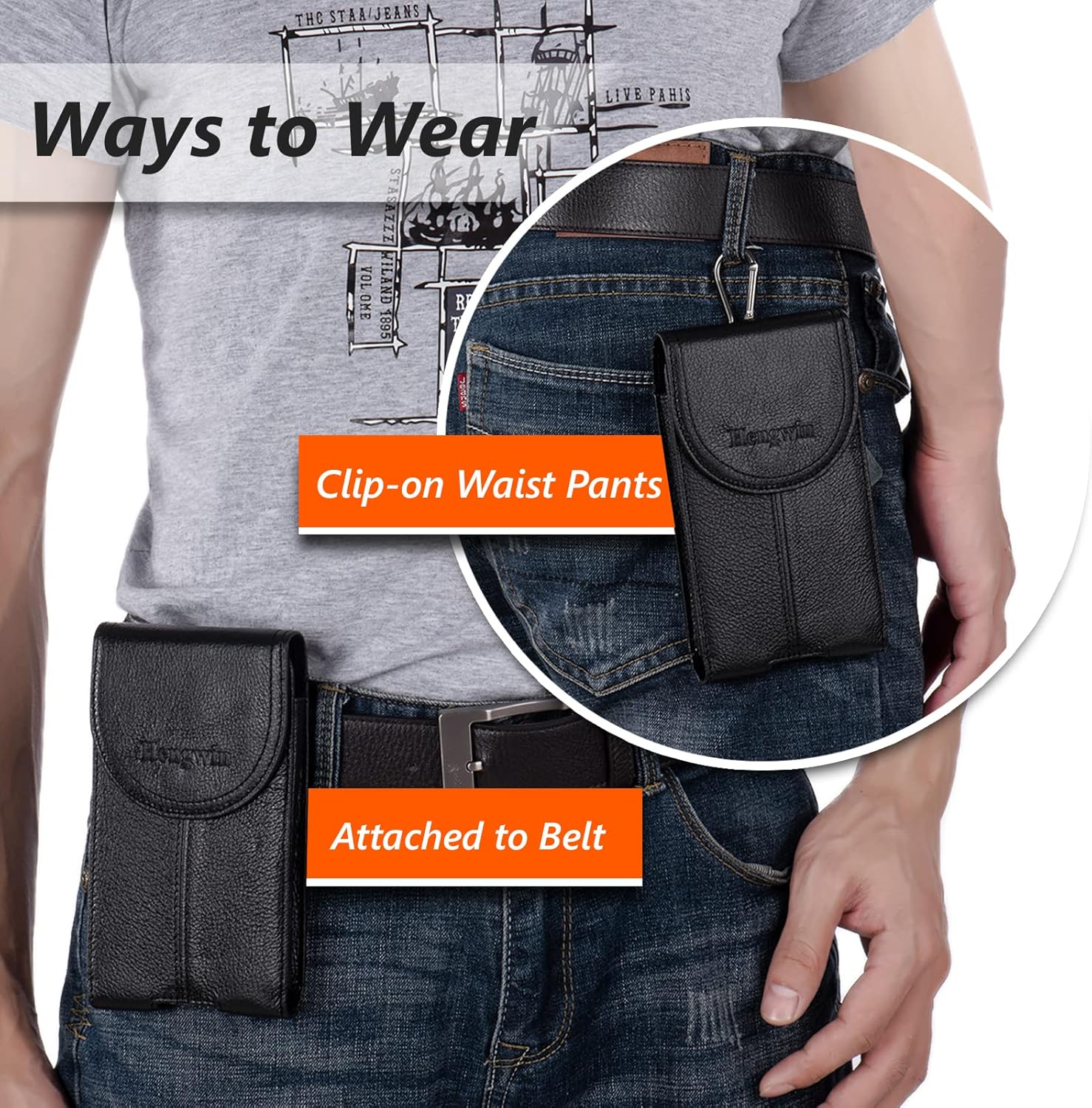 Hengwin Genuine Leather Cell Phone Holster for Belt Men, Vertical Phone Holder Belt Pouch Fits for iPhone 15 Pro Max 14 Pro Max 13 Pro Max Samsung Galaxy S24 Ultra Note9 Case with Belt Clip (Black) - Image 6