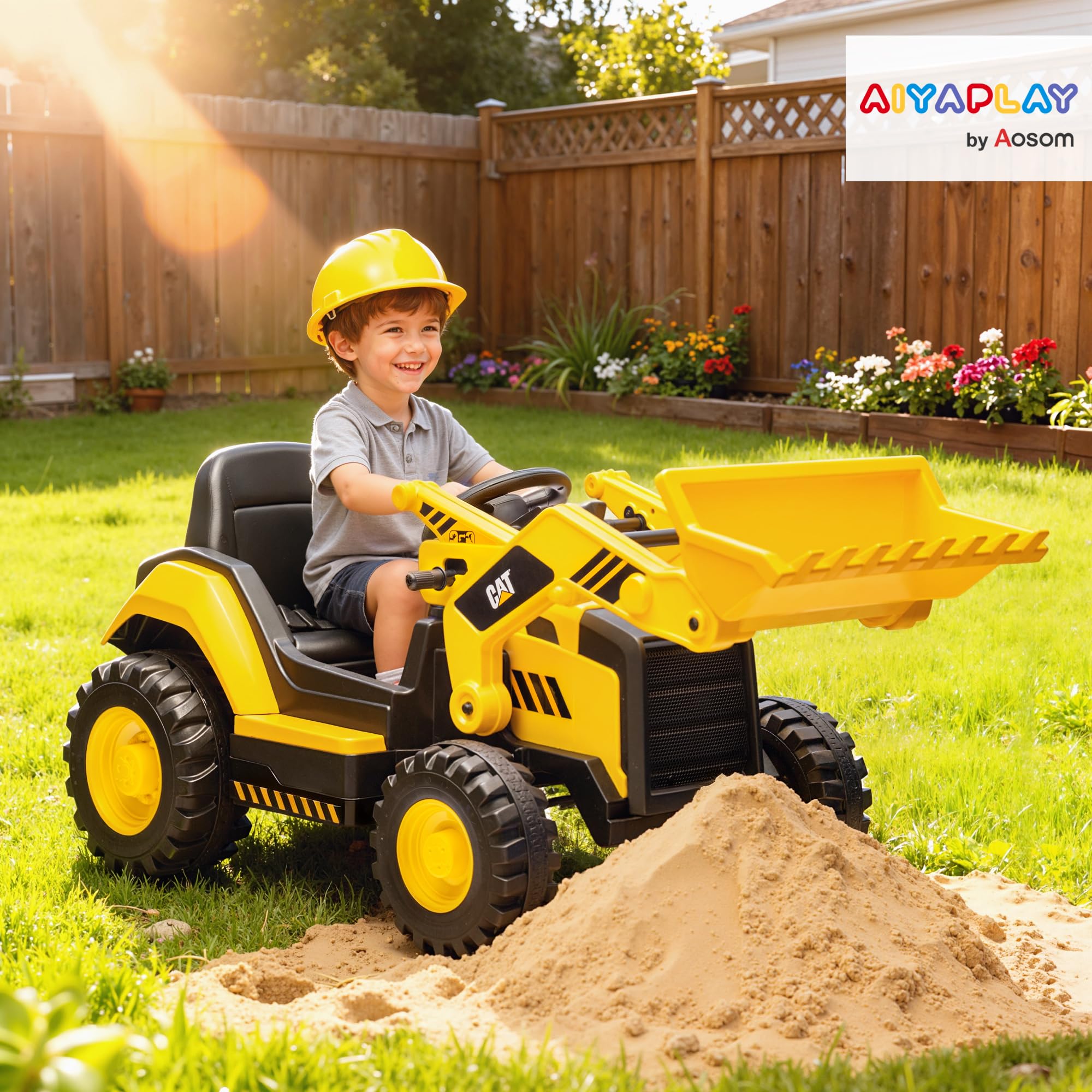 AIYAPLAY Ruspa Elettrica per Bambini 3-6Anni Licenza CAT con Benna Giallo | Macchina Elettrica Escavatore Trattore Giocattolo Cavalcabile, 12V 7AH, 2 Motori, Telecomando, Musica, Bluetooth e USB