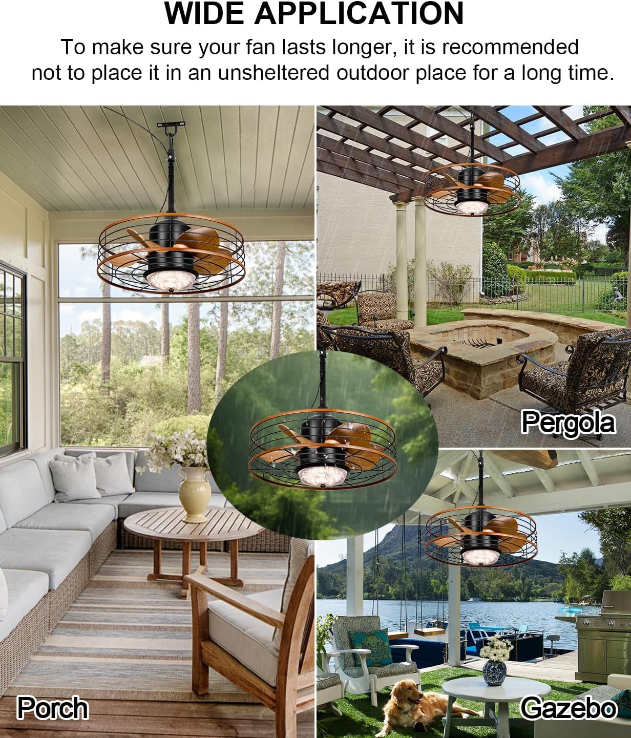 Outdoor Waterproof Caged Ceiling Fan with 3 Color LED Light, App/Remote Control, Quiet DC Motor, Plug-in Cord Hook Installation,Gazebo Ceiling Fan with Light for Patios, Pergola, Canopy