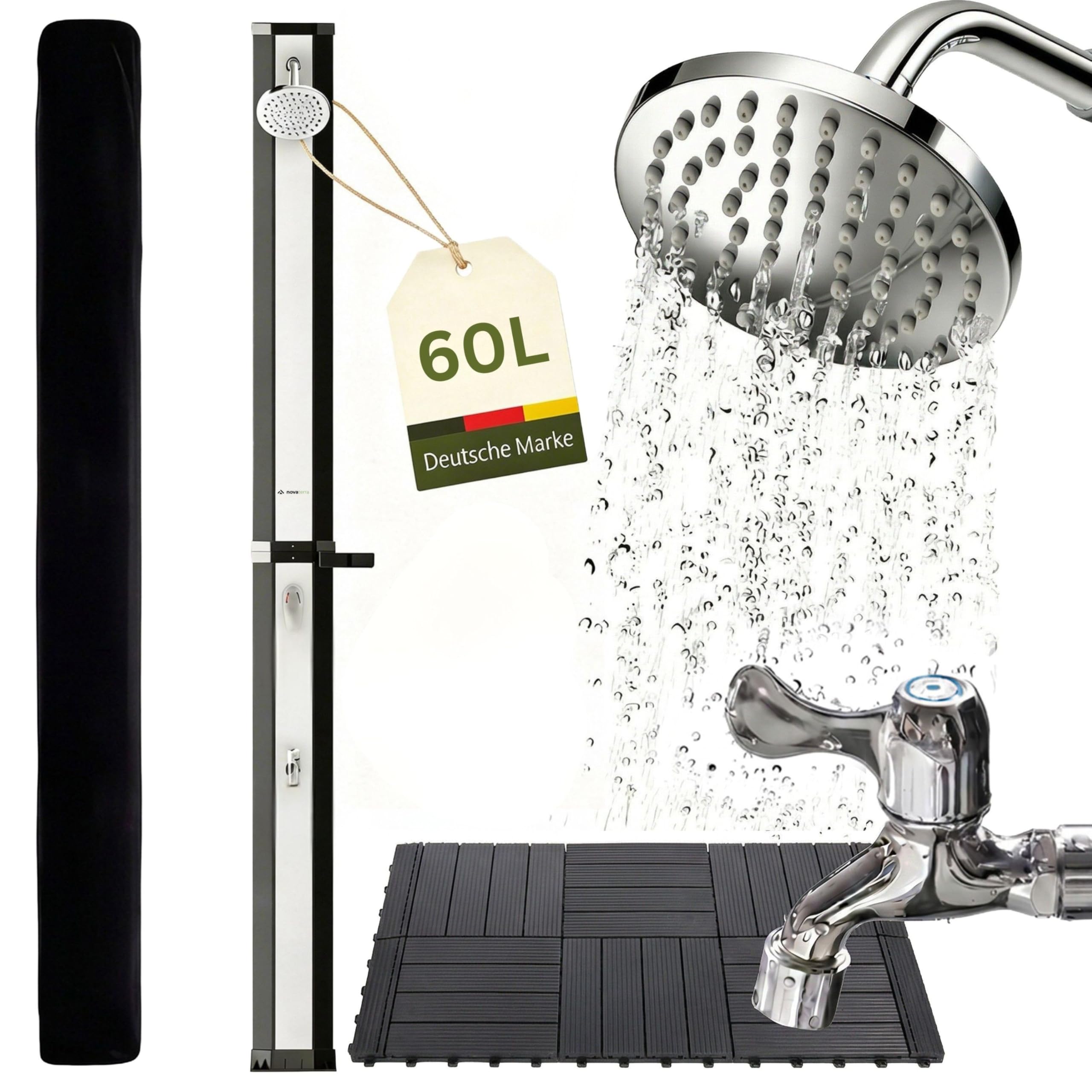 novaterra® Doccia solare nero/argento con serbatoio da 60 l, doccia da giardino con elemento a pavimento, soffione a pioggia, doccia a piedi, copertura protettiva e vassoio – Sistema doccia per