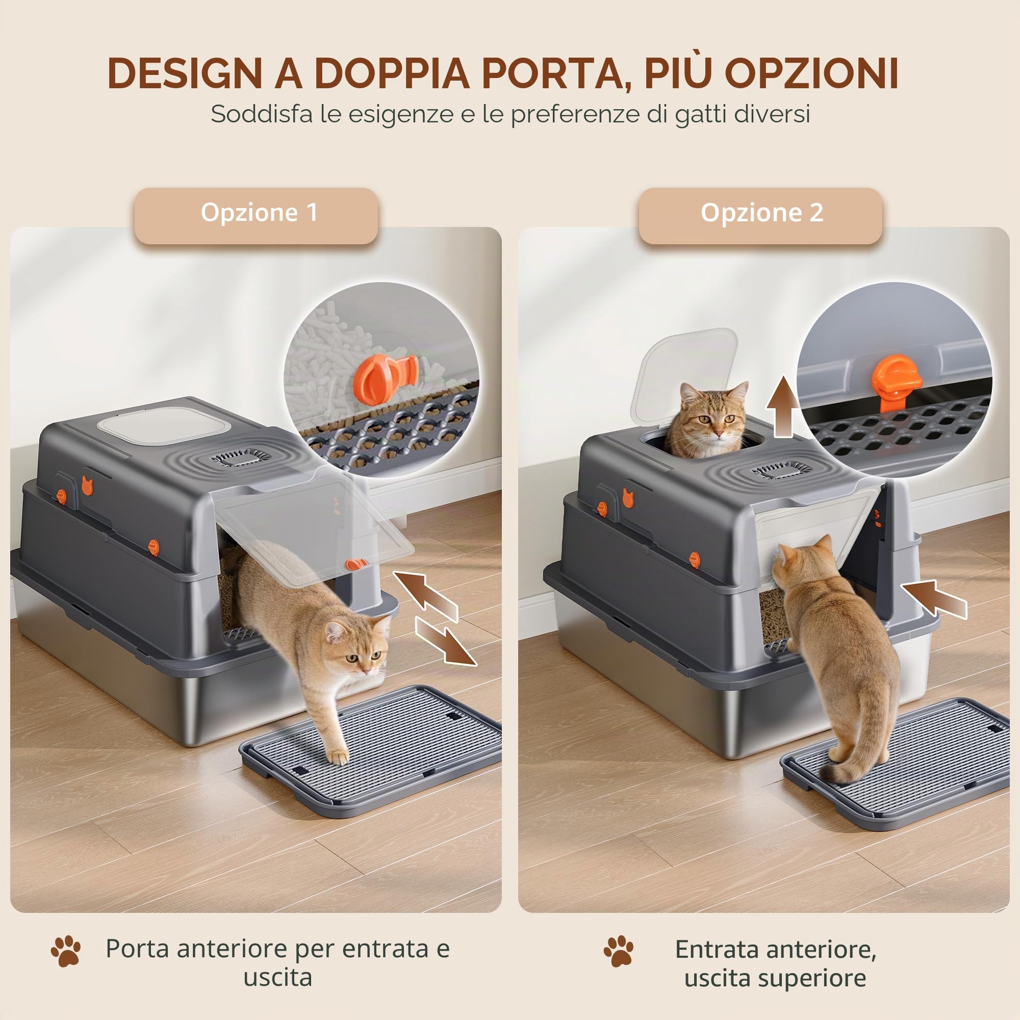 Lettiera Acciaio Inossidabile con Coperchio, XXXL Lettiera Gatto Chiusa, 70 x 50 x 42 cm, 105° coperchio incernierato, Include Pedale e Paletta, Design Modulare, Due Porte, Grigio Scuro