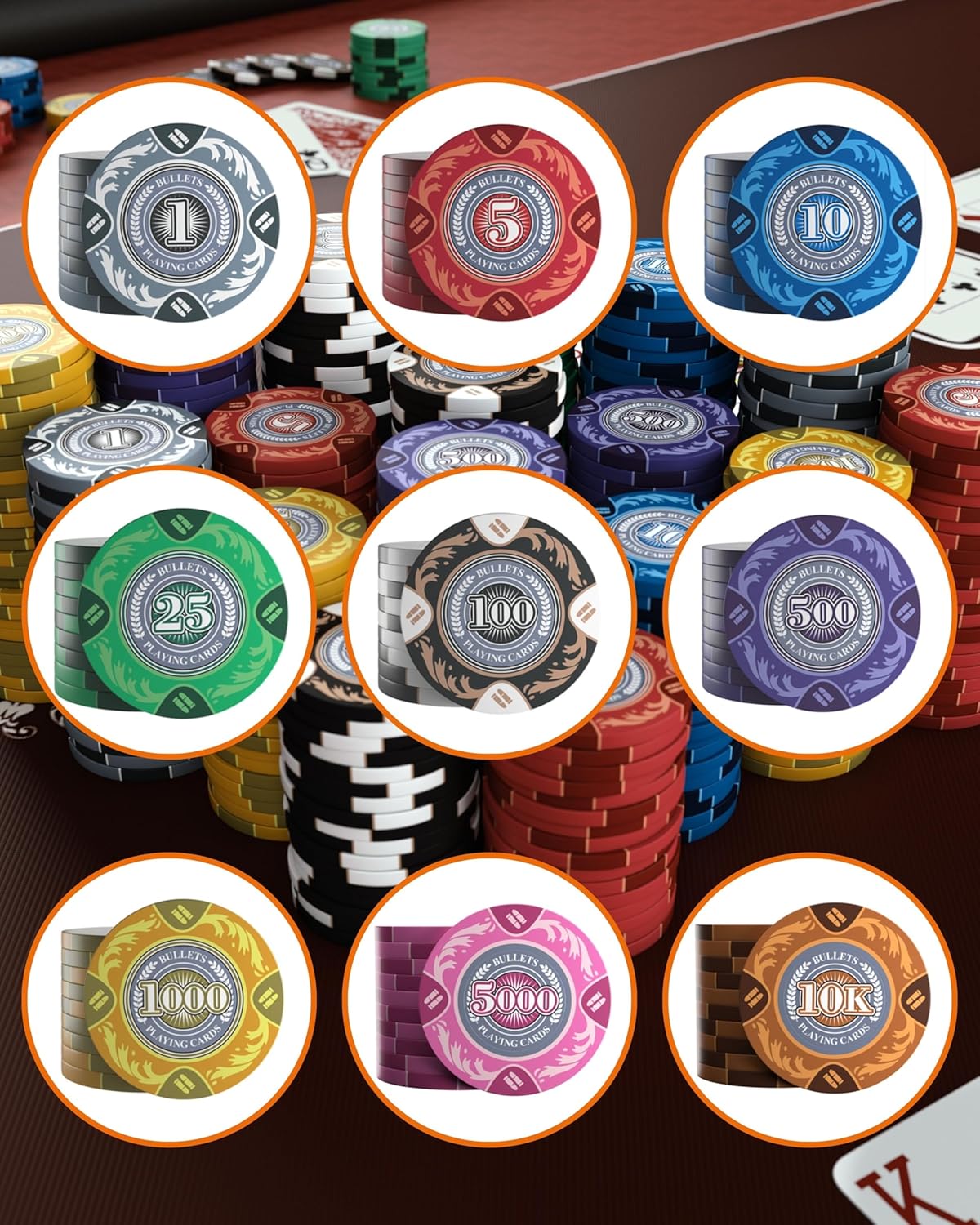 Bullets Playing Cards Clay Poker Chips - Durable Clay Construction for Professional & Home Poker Games - Perfect for Texas Hold’em, & Game Nights - Set of 20 Tony Series with Value 5
