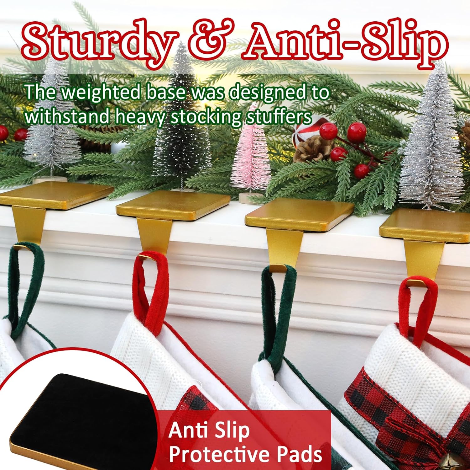 HMASYO Christmas Stocking Holders for Mantle Set of 4, Gold Heavy Duty Iron Stocking Hangers Base, Low Profile Weighted Stocking Holder Hooks for Fireplace Tabletop Shelf Christmas Decoration