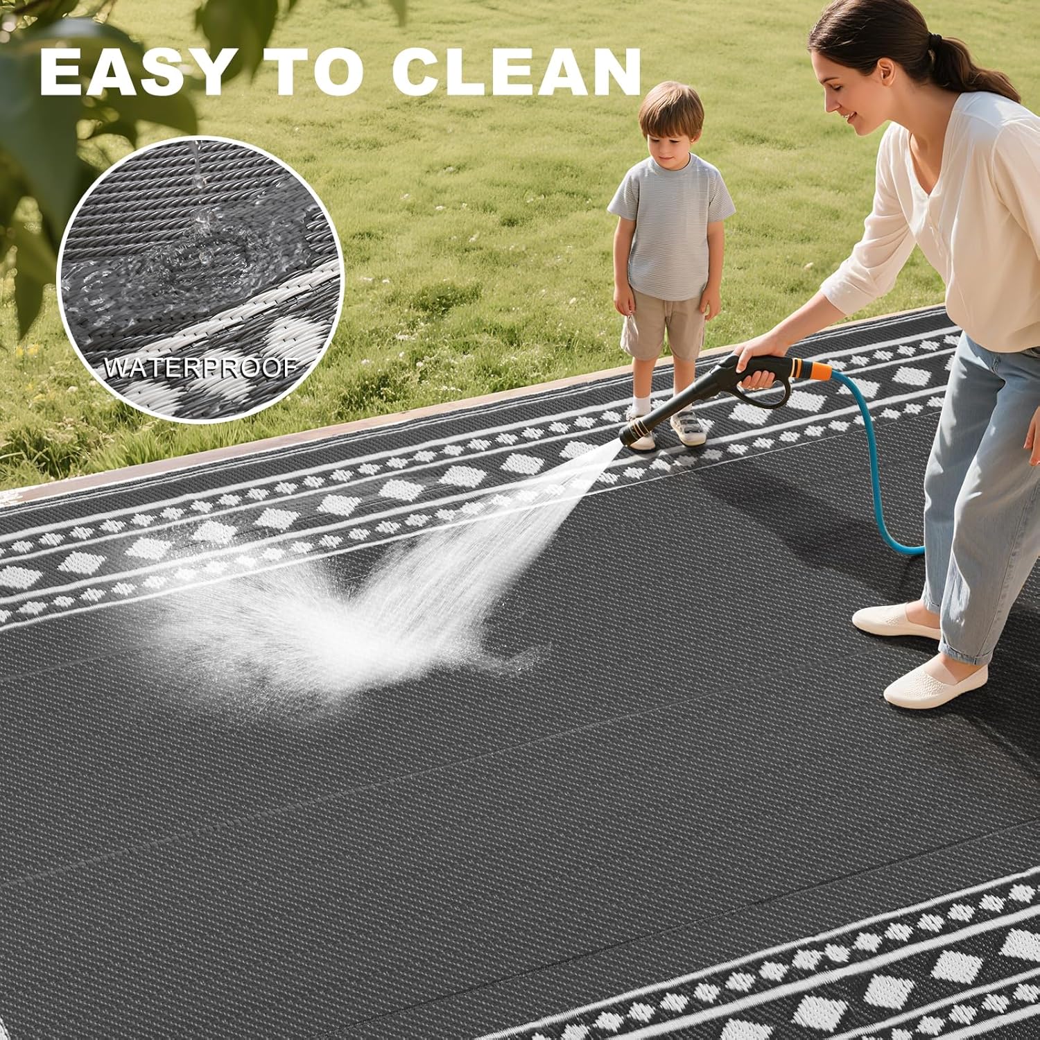 RURALITY Outdoor Rugs 8x10 Waterproof for Patios Clearance,Plastic Straw Mats for Backyard,Porch,Deck,Balcony,Grey and White