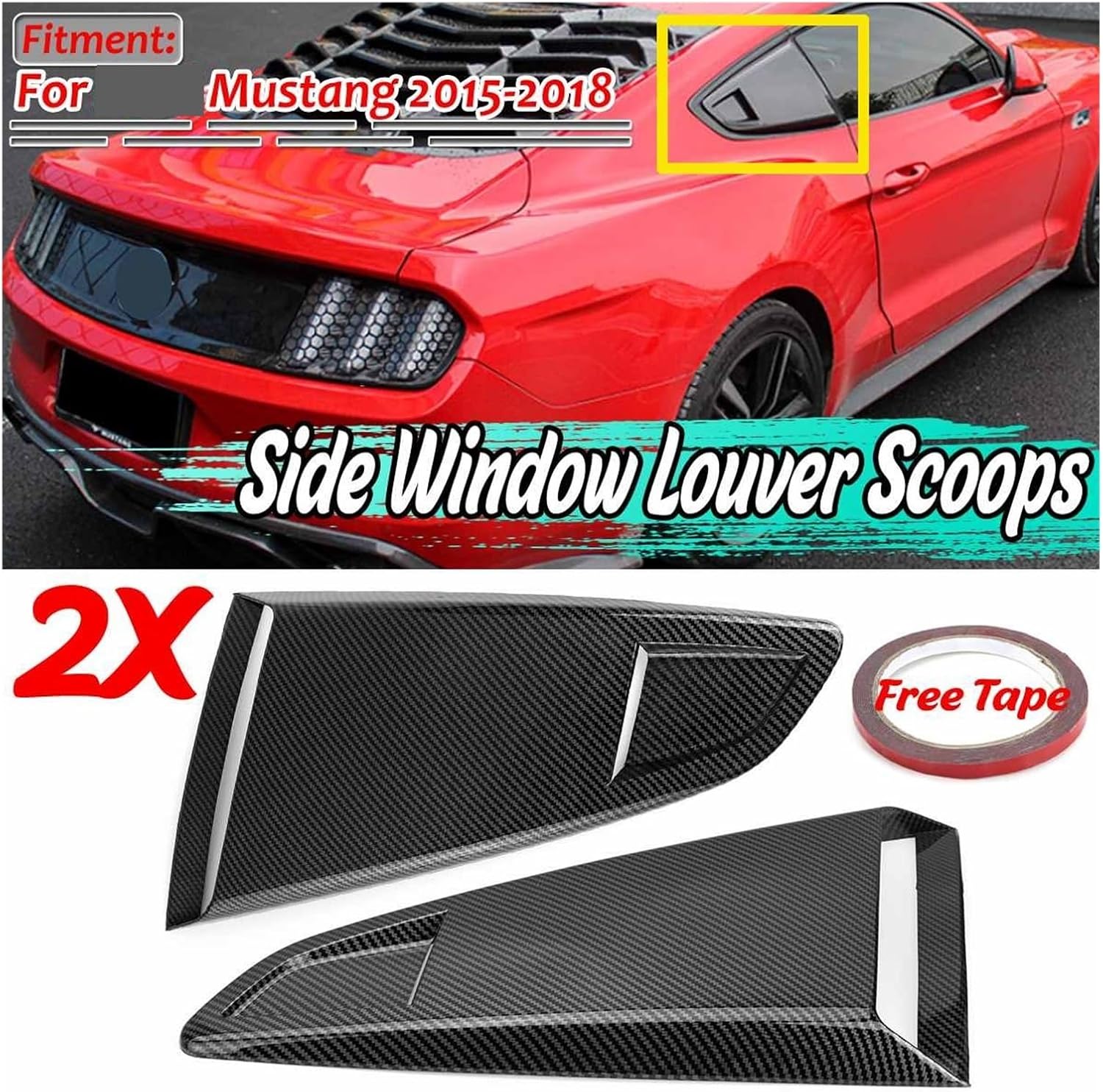 Compatible for Ford for Mustang 2015-2020 2Dr(Carbon Fiber Look) 1/4 Quarter Car Rear Side Window Louver Side Vent Scoop Cover Trim Side Vent Scoop Cover (Glossy Black)