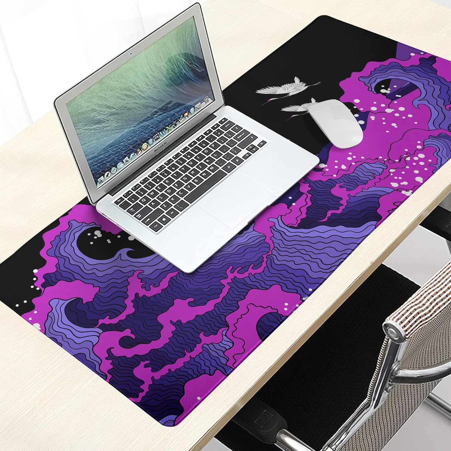 Japanese Balck Blue Purple Wave Gaming Mouse Pad 35.4 X 15.7 Inch XXL Cool Style Art Design Full Des Mousepad Extended Large Non-Slip Rubber Base Keyboard Mat with Stitched Edges for Home Office