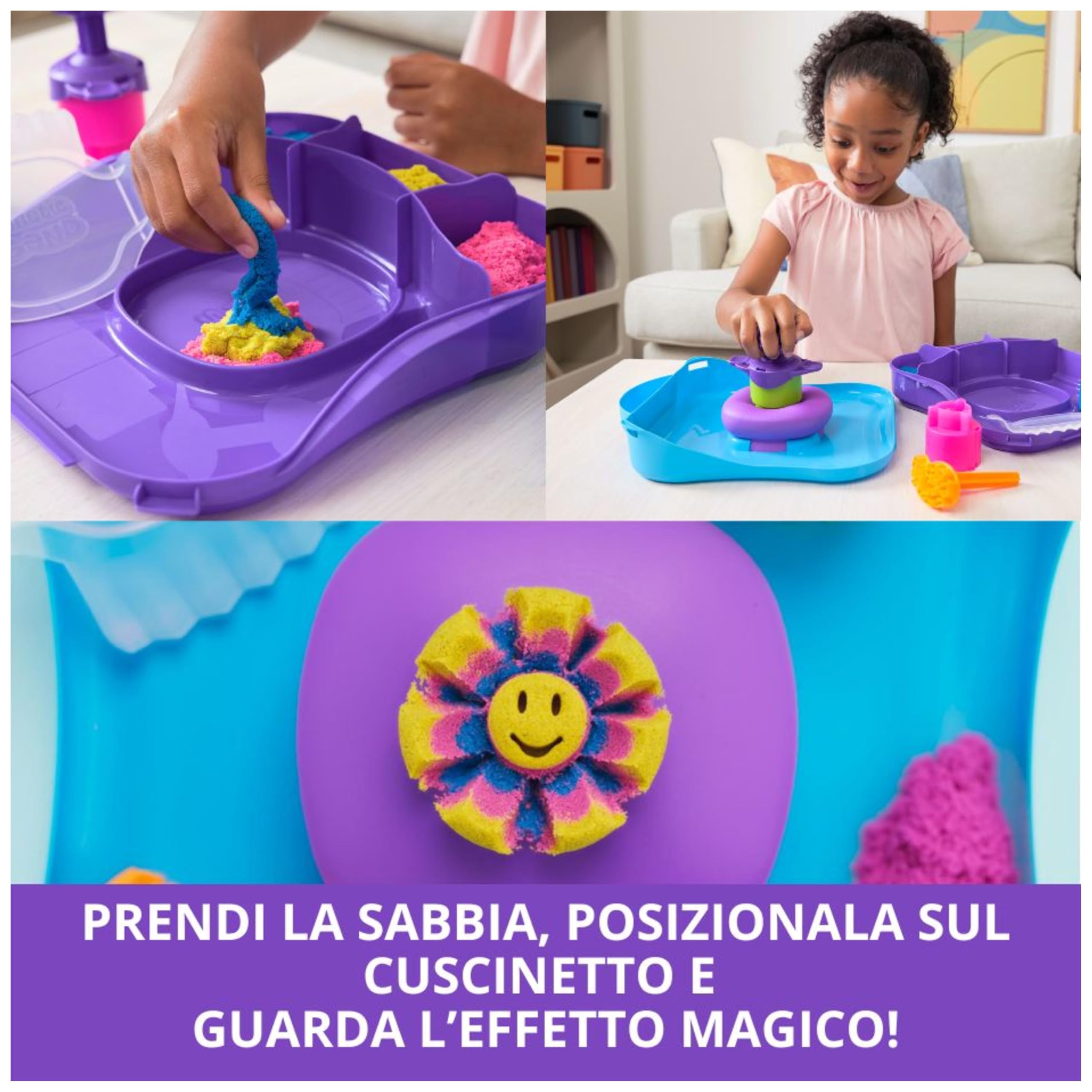 Kinetic Sand, Set di Gioco Squish Motion, Sabbia Colorata Rosa, Gialla, Blu, Sabbia Cinetica 453g, 5 Accessori, Comoda Valigetta. Giocattoli per Bambini e Bambine, 3+ anni