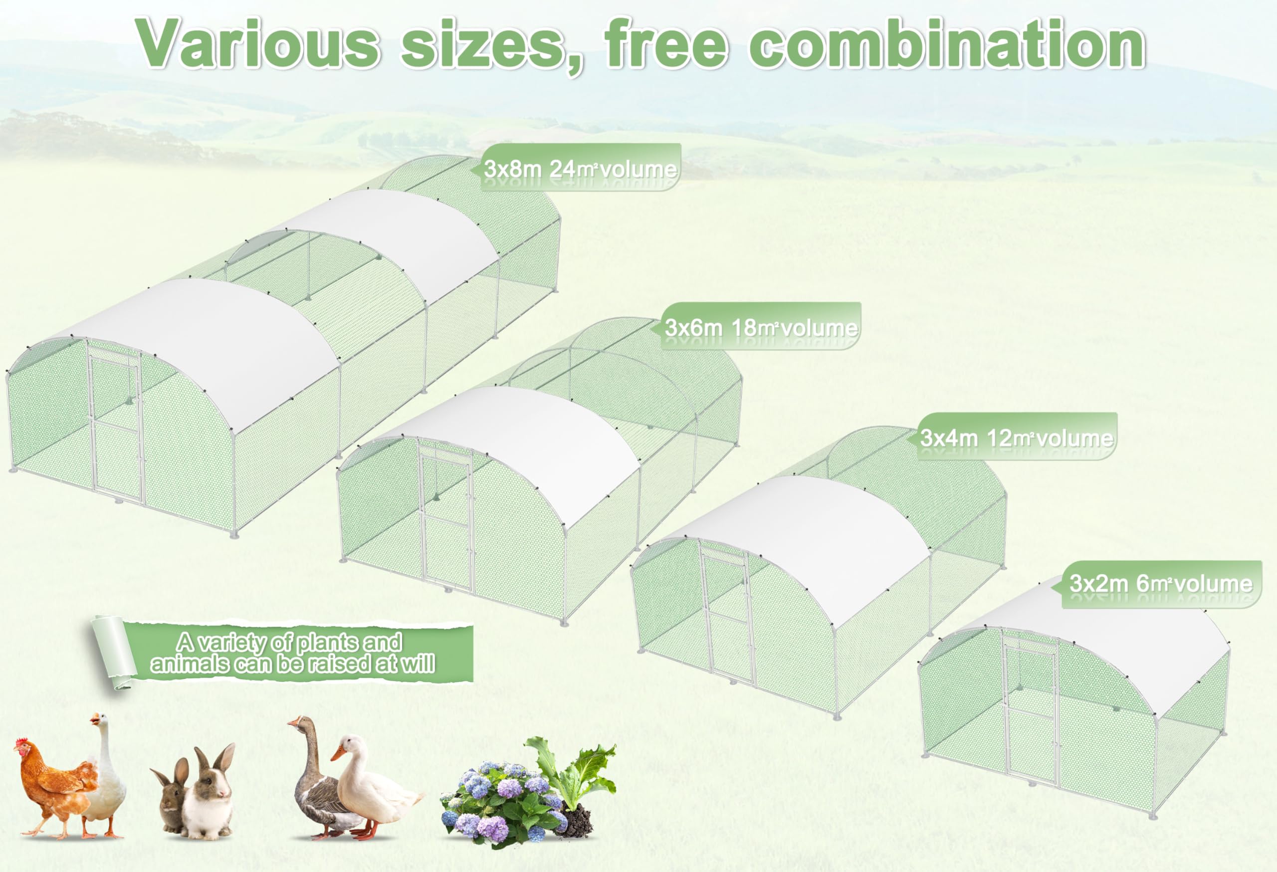 Hühnerstall Freilaufgehege 3x6x2m, Verzinkter Stahlrahmen Geflügelstall Hühnerhaus Bogenform Design mit Sonnenschutzdach, Outdoor Hühnerkäfig Voliere für Hühner, Enten, Kleintiere