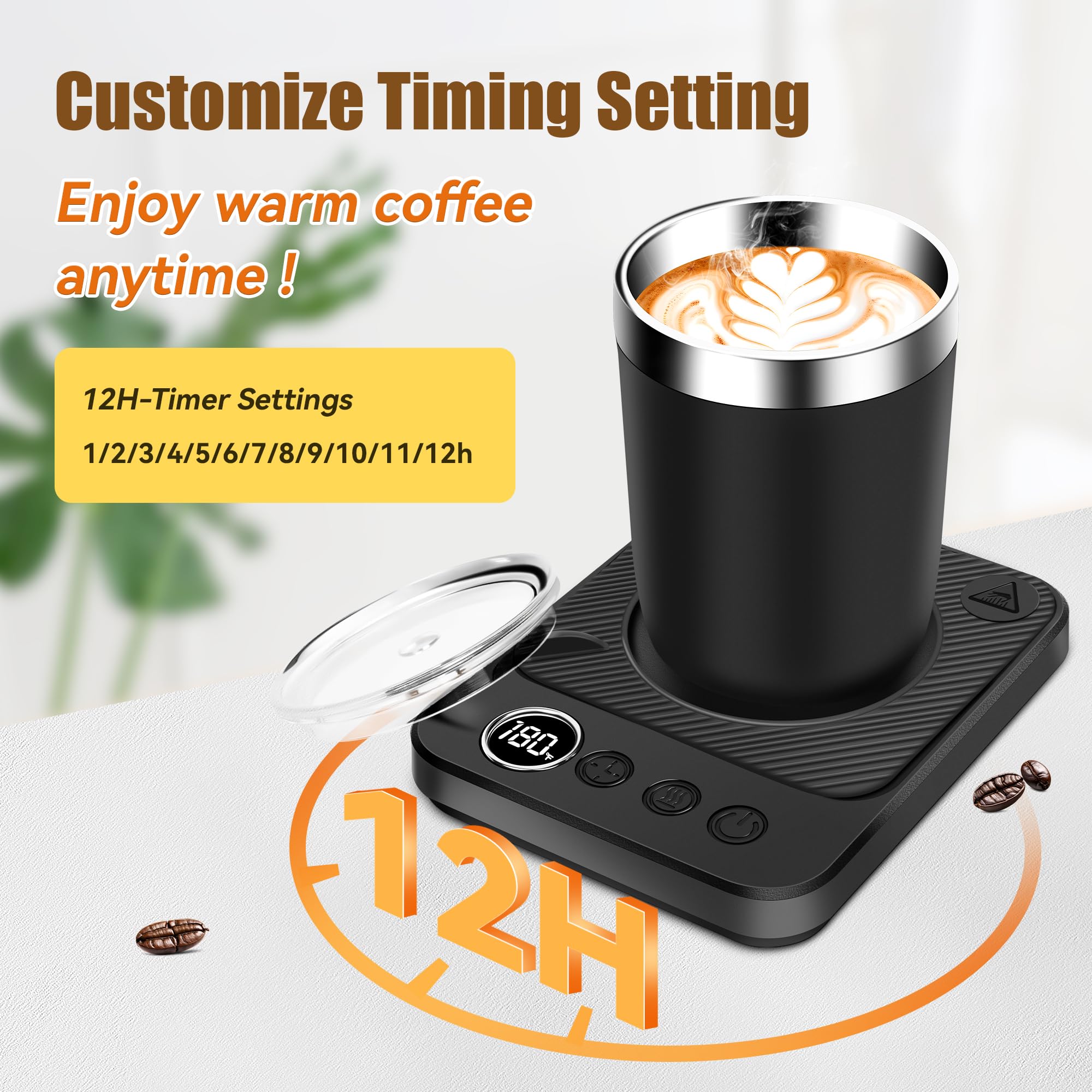 Calentador de taza de café de 13 onzas y popote de acero inoxidable, calentador eléctrico de taza inteligente de 36 W, 6 ajustes de temperatura, temporizador de 12 horas, regalos para mujeres y 7