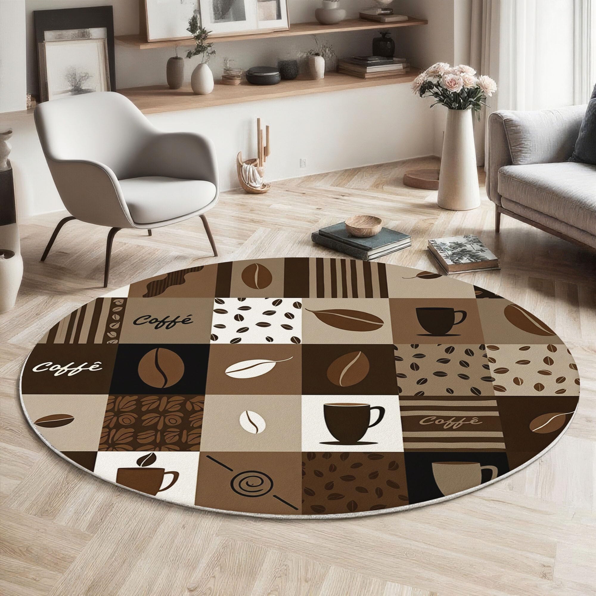 Tapis Rond Thème Café Géométrique pour Salon, 200 Cm, Grand Tapis Patchwork Vintage, Brun Rouille, Lavable Confortable, Antidérapant Doux Facile À Nettoyer pour Chambre À Coucher De Chevet