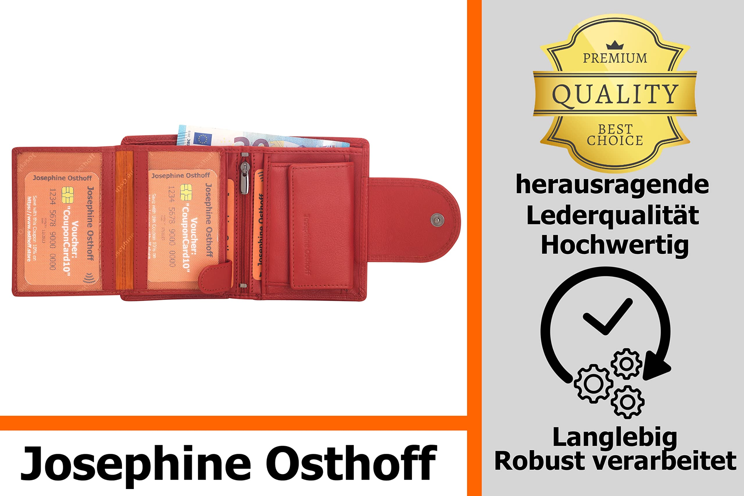 Josephine Osthoff Geldbörse Damen Wiener Schachtel, Platz für 11 Karten, Minibrieftasche mit Münzfach, Portemonnaie Herren Geldbeutel aus echt Leder mit RFID-Schutz (934), Farbe:Kirsche