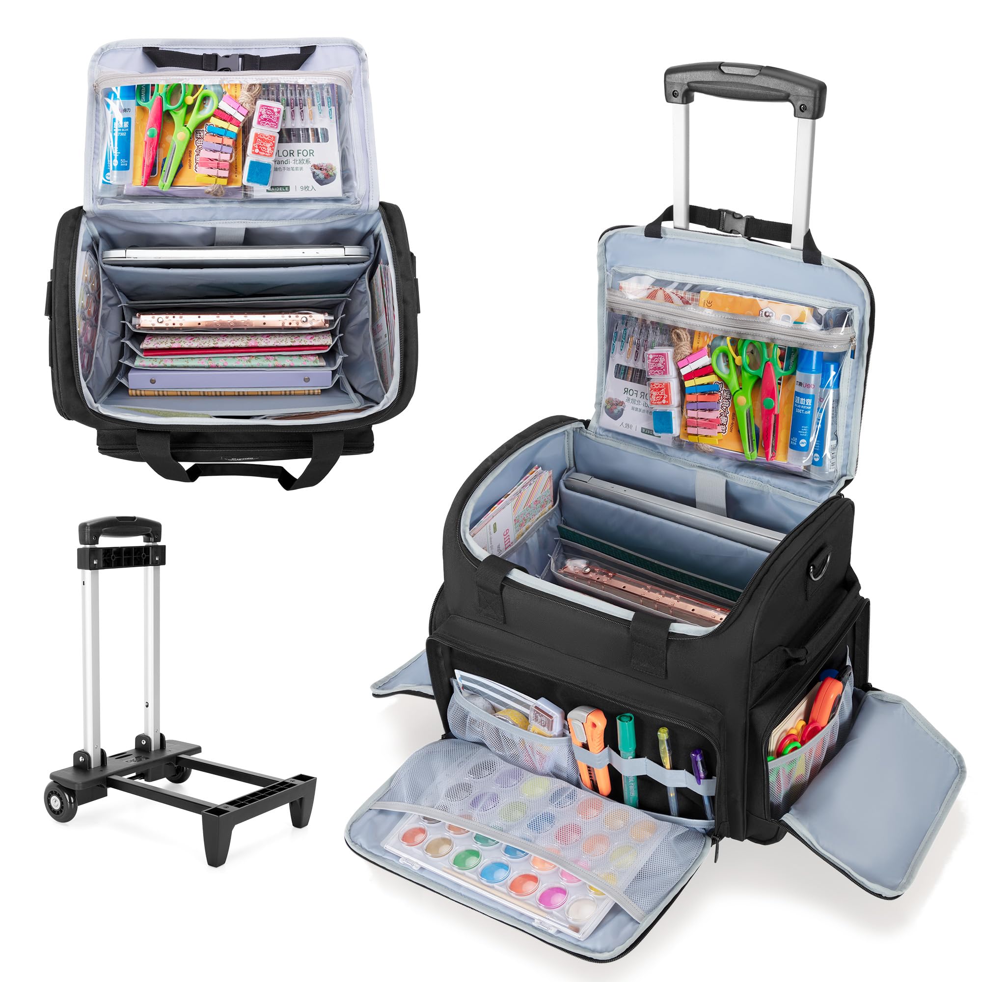 CURMIO Scrapbook Tasche mit Rädern, Rolling Scrapbook Tote mit Erweiterbarer Aktenordner Fach, Handarbeitstasche für Scrapbooking, Papier, Kleber, Klebeband, Schwarz (Nur Tasche)