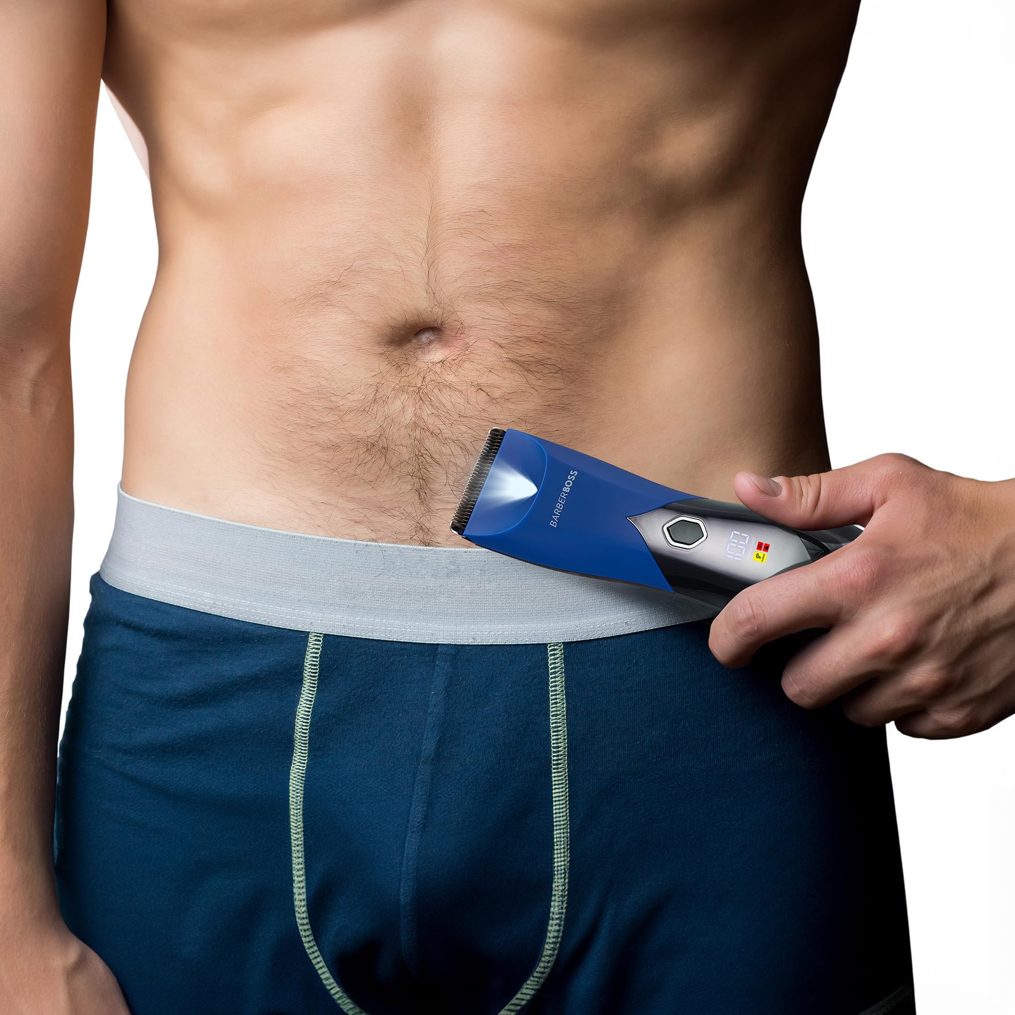 BarberBoss Tondeuse rechargeable pour homme, rasoir bleu étanche pour l'aine, écran LED, tondeuse corps et barbe avec sabots réglables