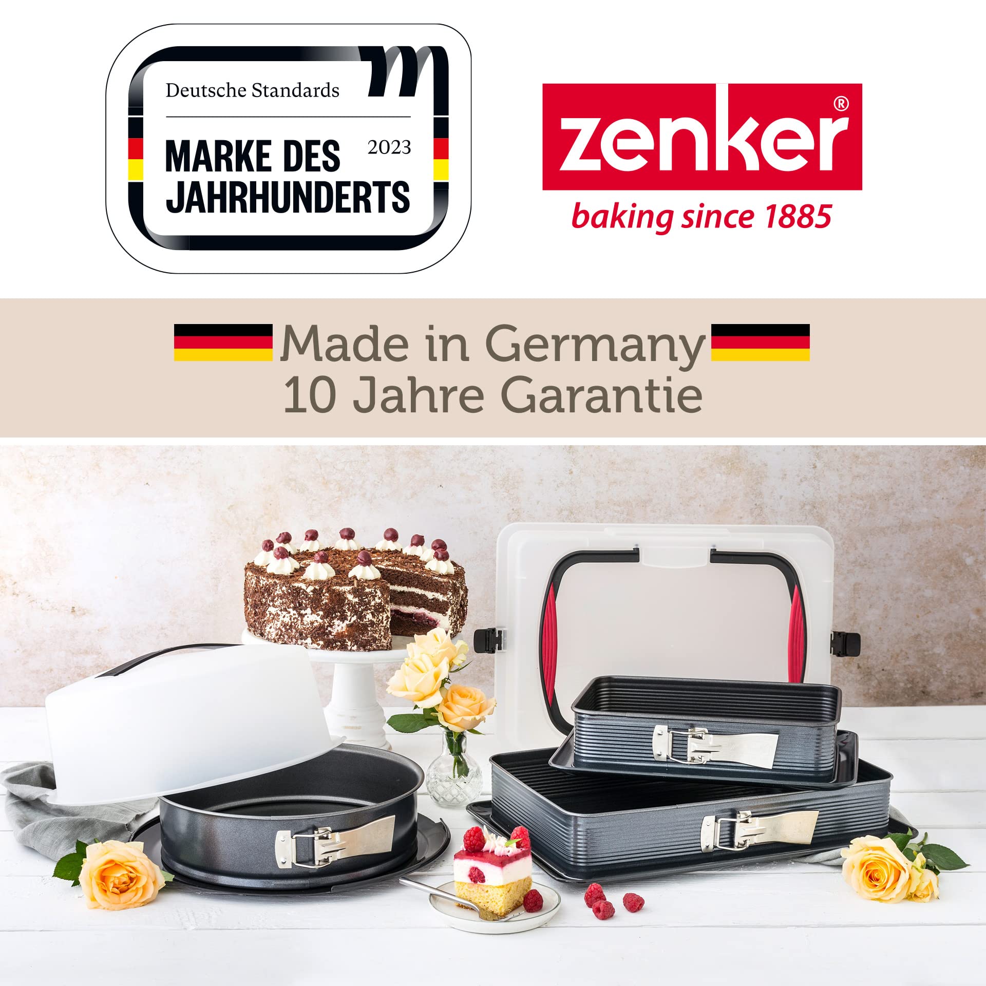 Zenker Deluxe Rechteck-Springform mit Auslaufschutz und Teigschaber – 42 x 29 x 7 cm, Antihaftbeschichtet & schnittfest, Emaille-Boden, Auslaufschutz-Rand, Made in Germany