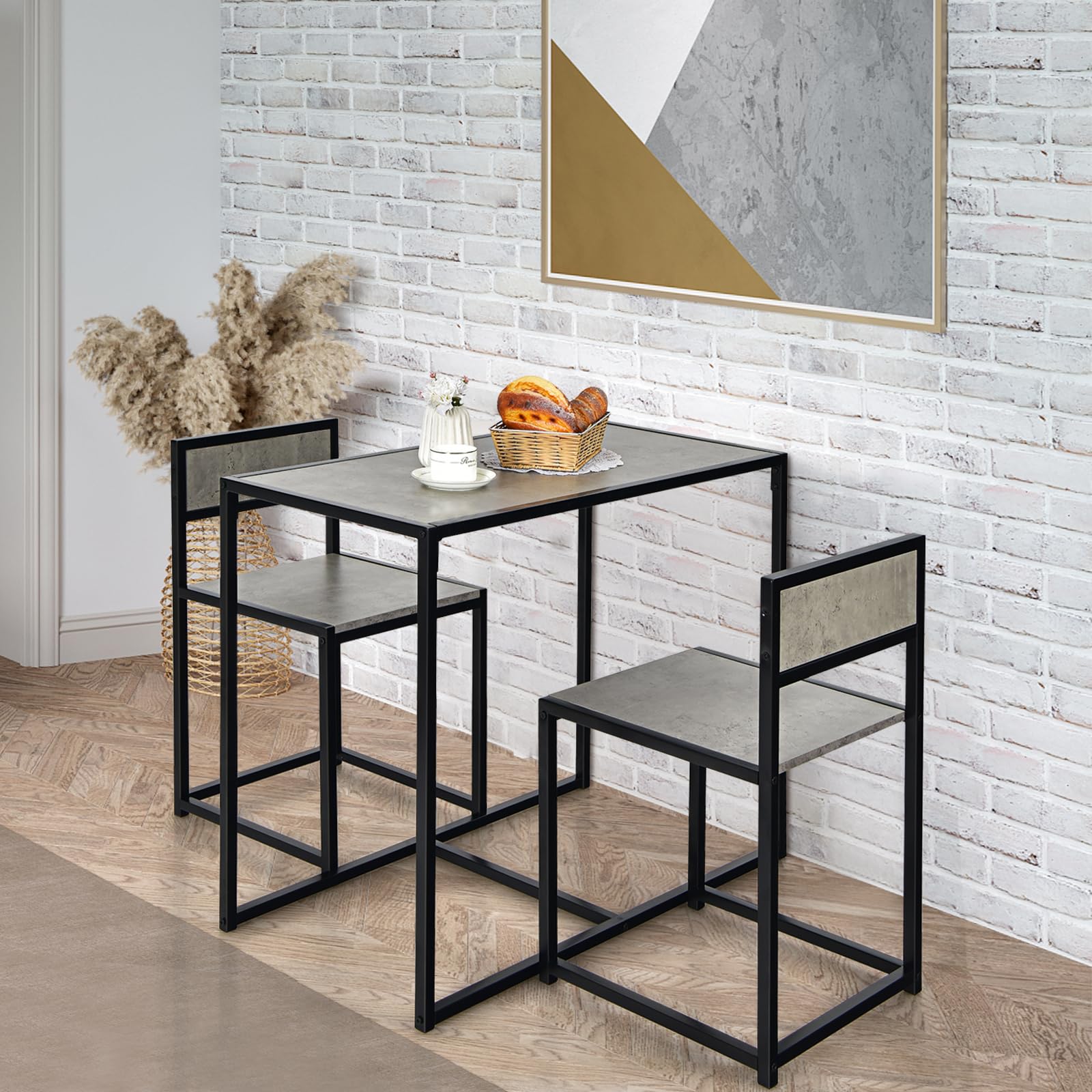 HOMASIS Set da pranzo da 3 pezzi, tavolo da bar con 2 sgabelli da bar, piccolo tavolo da bistrot con 2 sedie, set in legno e struttura in metallo, tavolo da cucina in design industriale per cucina e